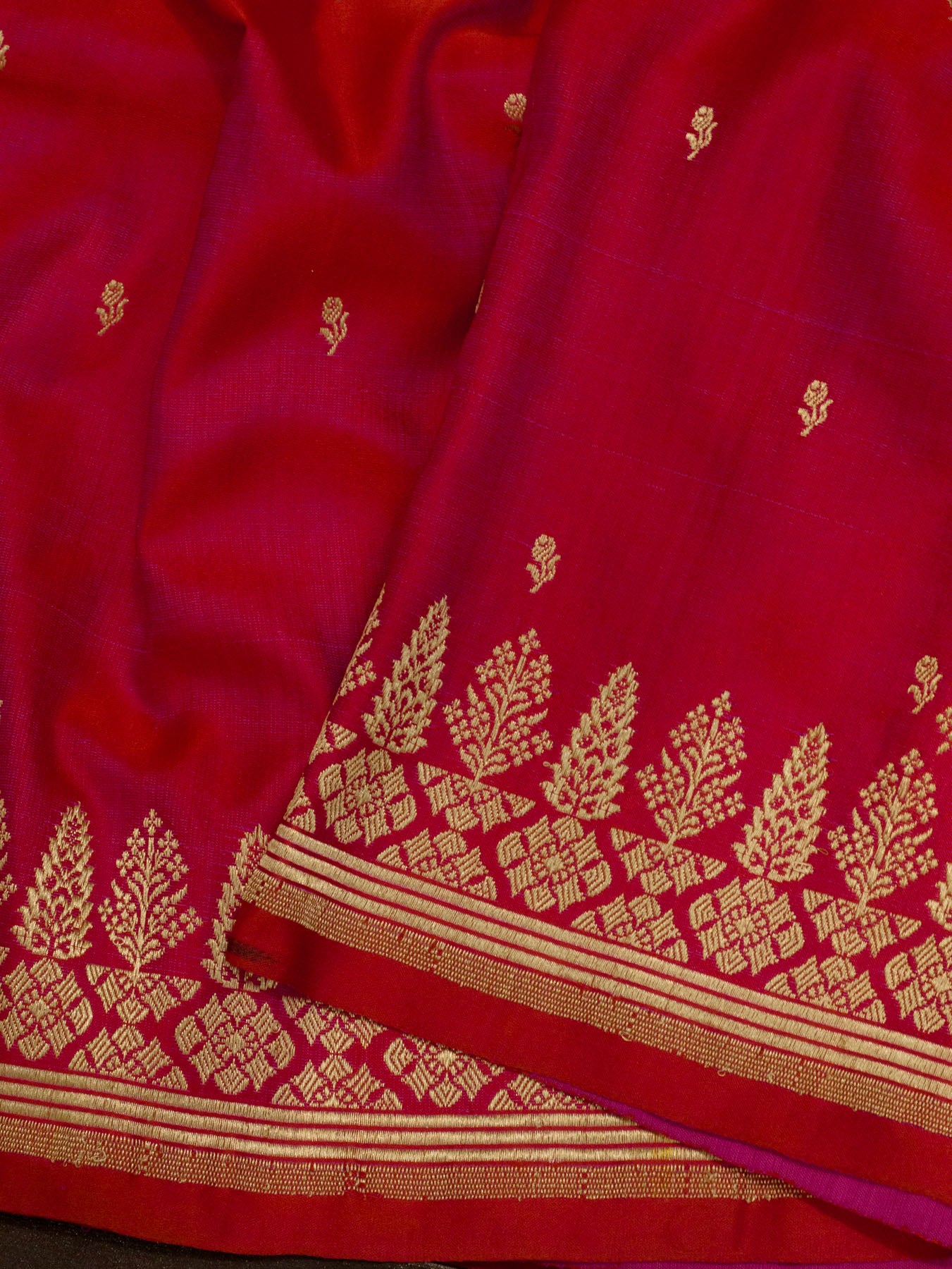 Dhoop Chaon Red Rani Satin Silk Handloom Saree with Kadhwa Border & Pallu and Khaddi Fine Zari Buti
