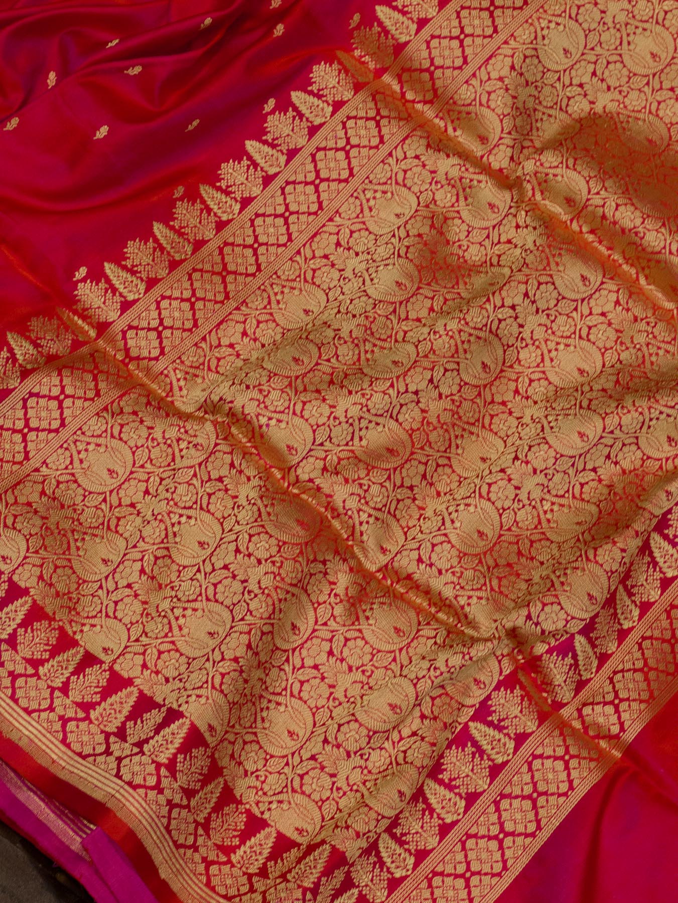 Dhoop Chaon Red Rani Satin Silk Handloom Saree with Kadhwa Border & Pallu and Khaddi Fine Zari Buti