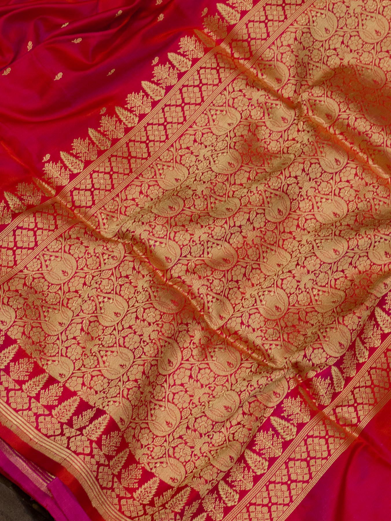Pure Satin Silk Wine Banarasi Dhoop Chaon Red Rani Handloom Saree with Kadhwa Border & Pallu and Khaddi Fine - ZARISPIRE