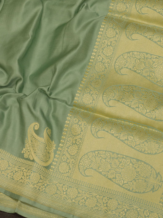 Sea Green Pure Satin Silk Handloom Plain Saree with Kadhwa Koniya Zari Pallu & Border