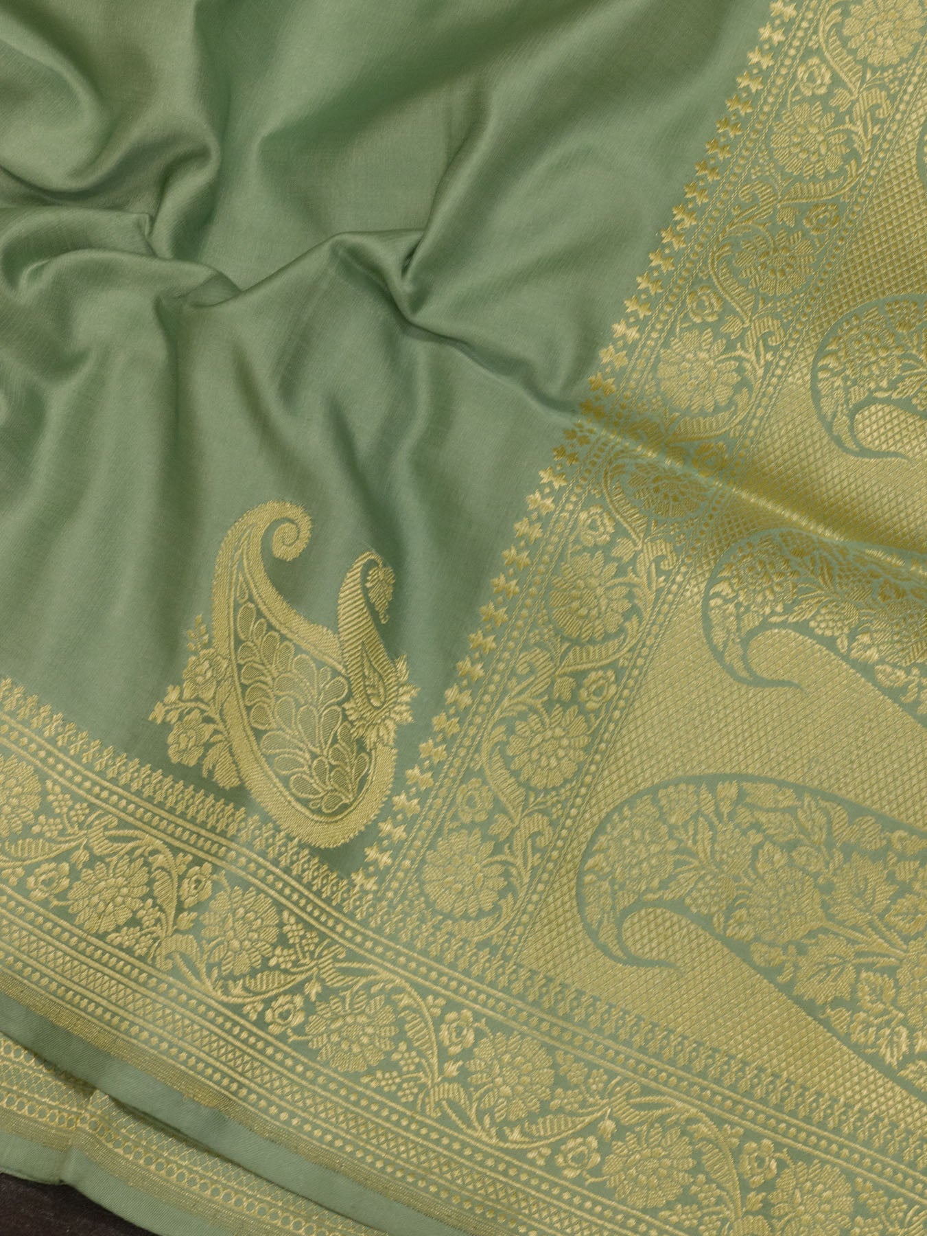 Sea Green Pure Satin Silk Handloom Plain Saree with Kadhwa Koniya Zari Pallu & Border
