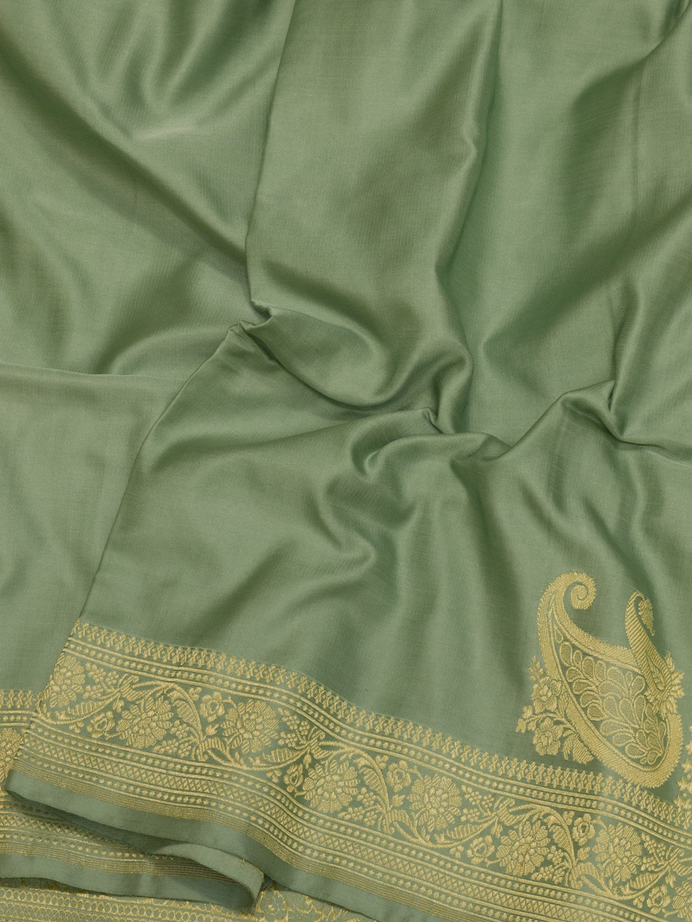 Sea Green Pure Satin Silk Handloom Plain Saree with Kadhwa Koniya Zari Pallu & Border