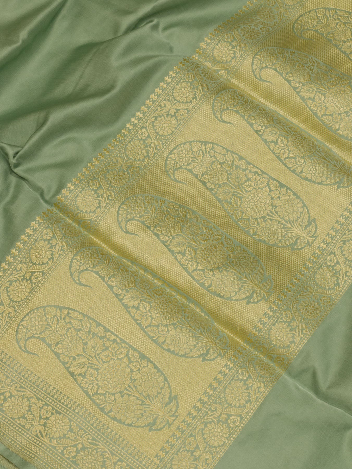 Sea Green Pure Satin Silk Handloom Plain Saree with Kadhwa Koniya Zari Pallu & Border