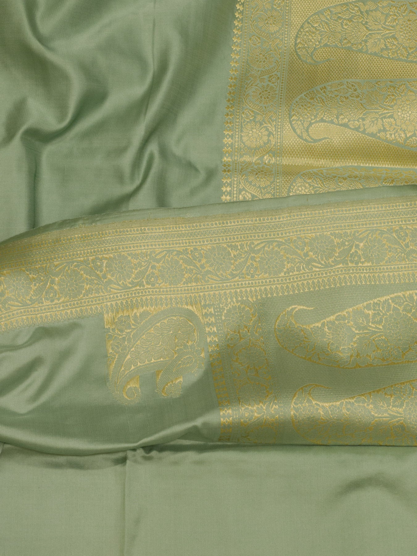 Sea Green Pure Satin Silk Handloom Plain Saree with Kadhwa Koniya Zari Pallu & Border