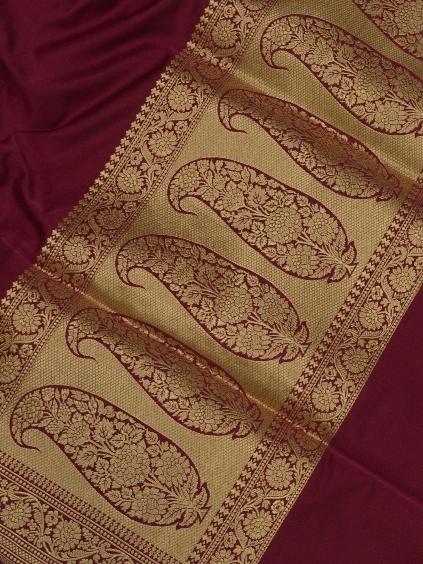 Pinkish Maroon Pure Satin Silk Handloom Plain Saree with Kadhwa Koniya Zari Pallu & Border