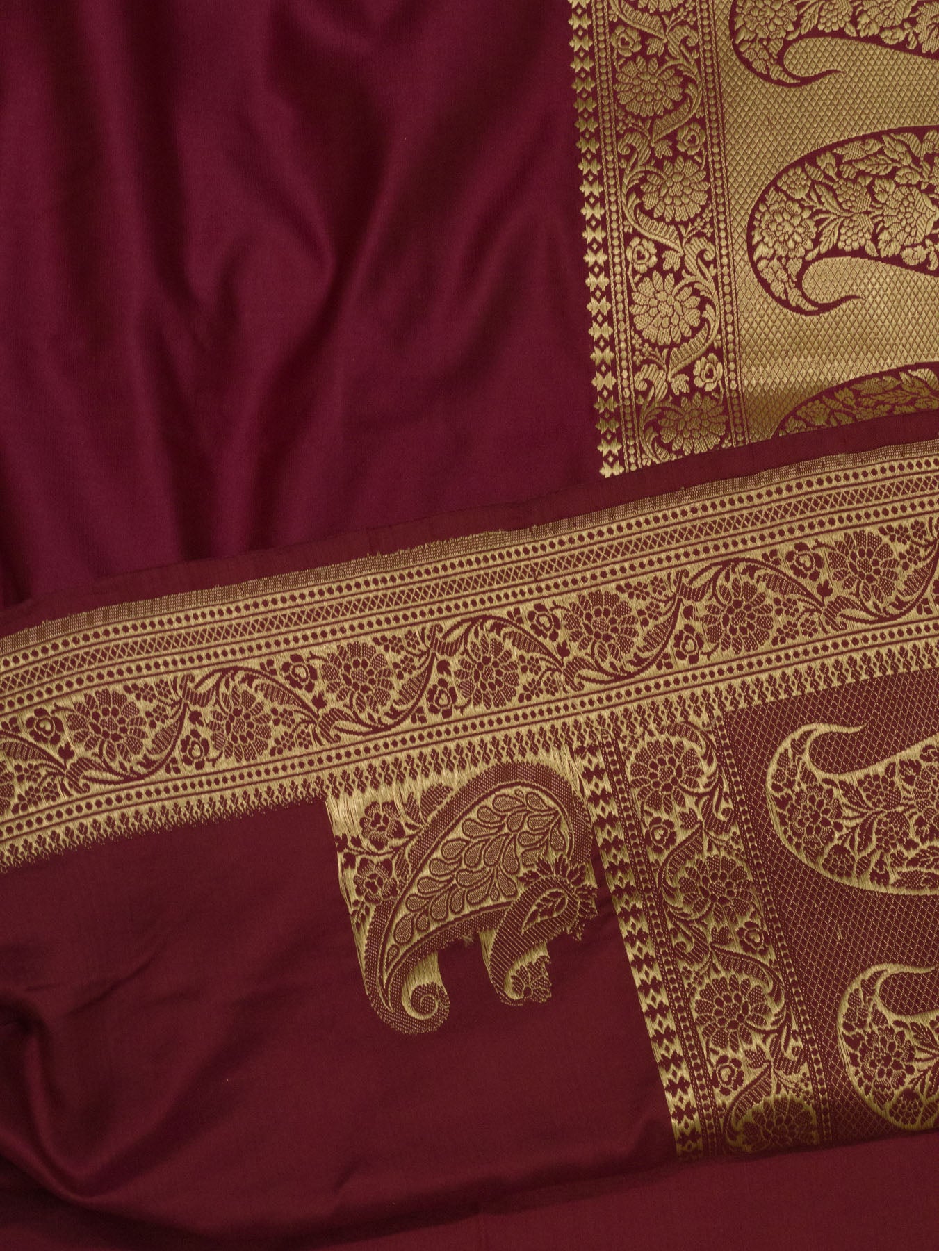 Pinkish Maroon Pure Satin Silk Handloom Plain Saree with Kadhwa Koniya Zari Pallu & Border