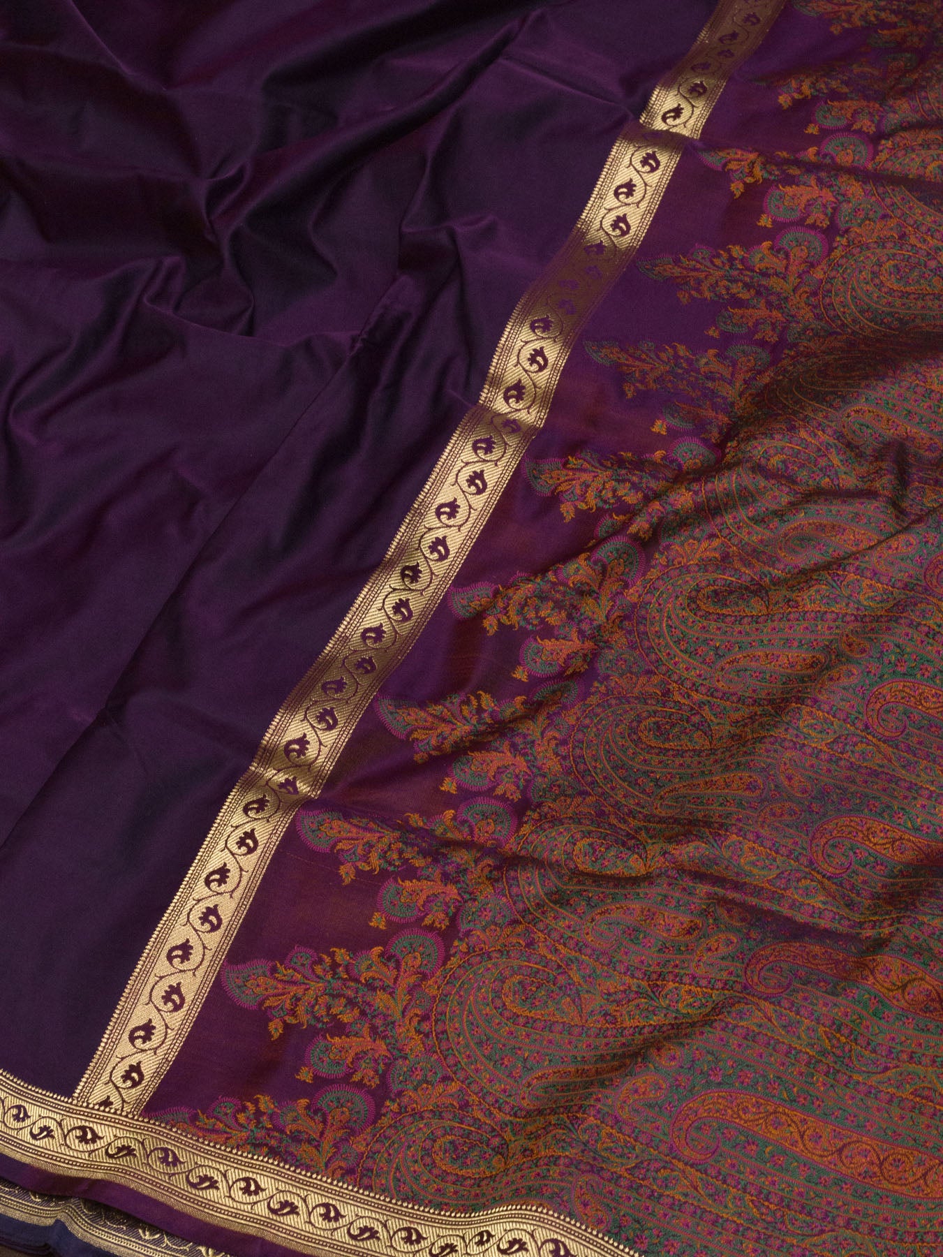 Pure Satin Silk Magenta Purple Banarasi plain saree with kadhwa zari border and tilfi jamawar tanchui pallu and - ZARISPIRE