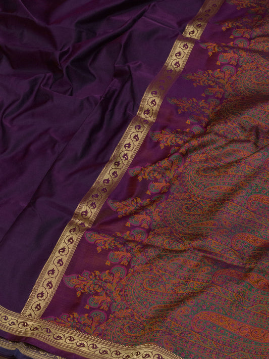 Magenta Purple Pure Satin Silk Handloom Plain Saree with Kadhwa Zari Border & Tilfi Jamawar Tanchui Pallu and Blouse