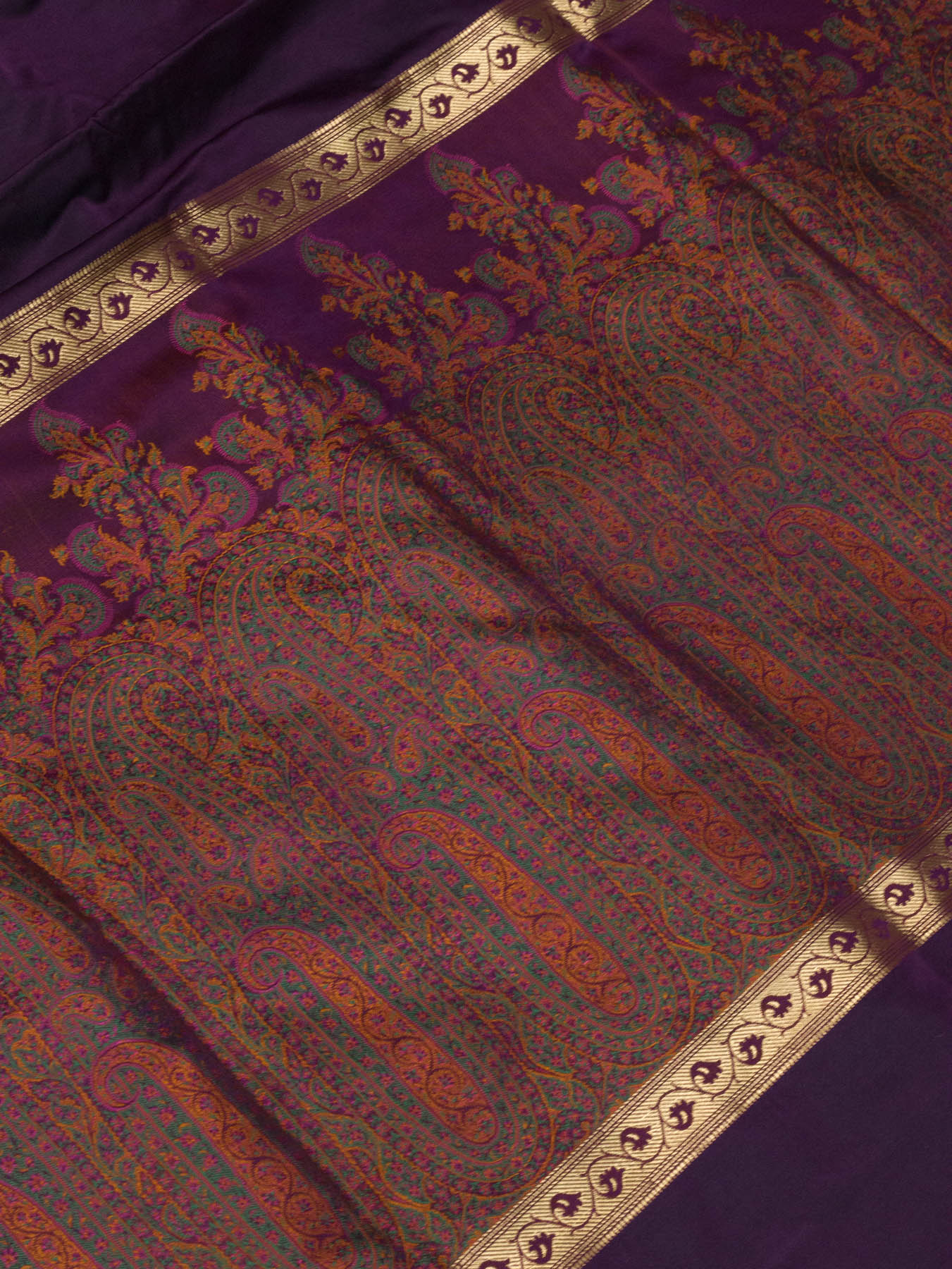 Pure Satin Silk Magenta Purple Banarasi plain saree with kadhwa zari border and tilfi jamawar tanchui pallu and - ZARISPIRE