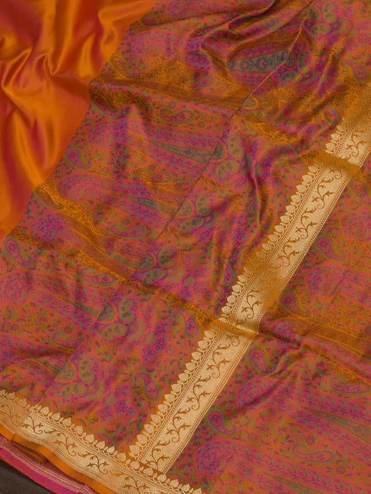 Dhoop Chaon Orange Rani Pure Satin Silk Handloom Plain Saree with Kadhwa Zari Border & Tilfi Jamawar Tanchui Pallu and Blouse