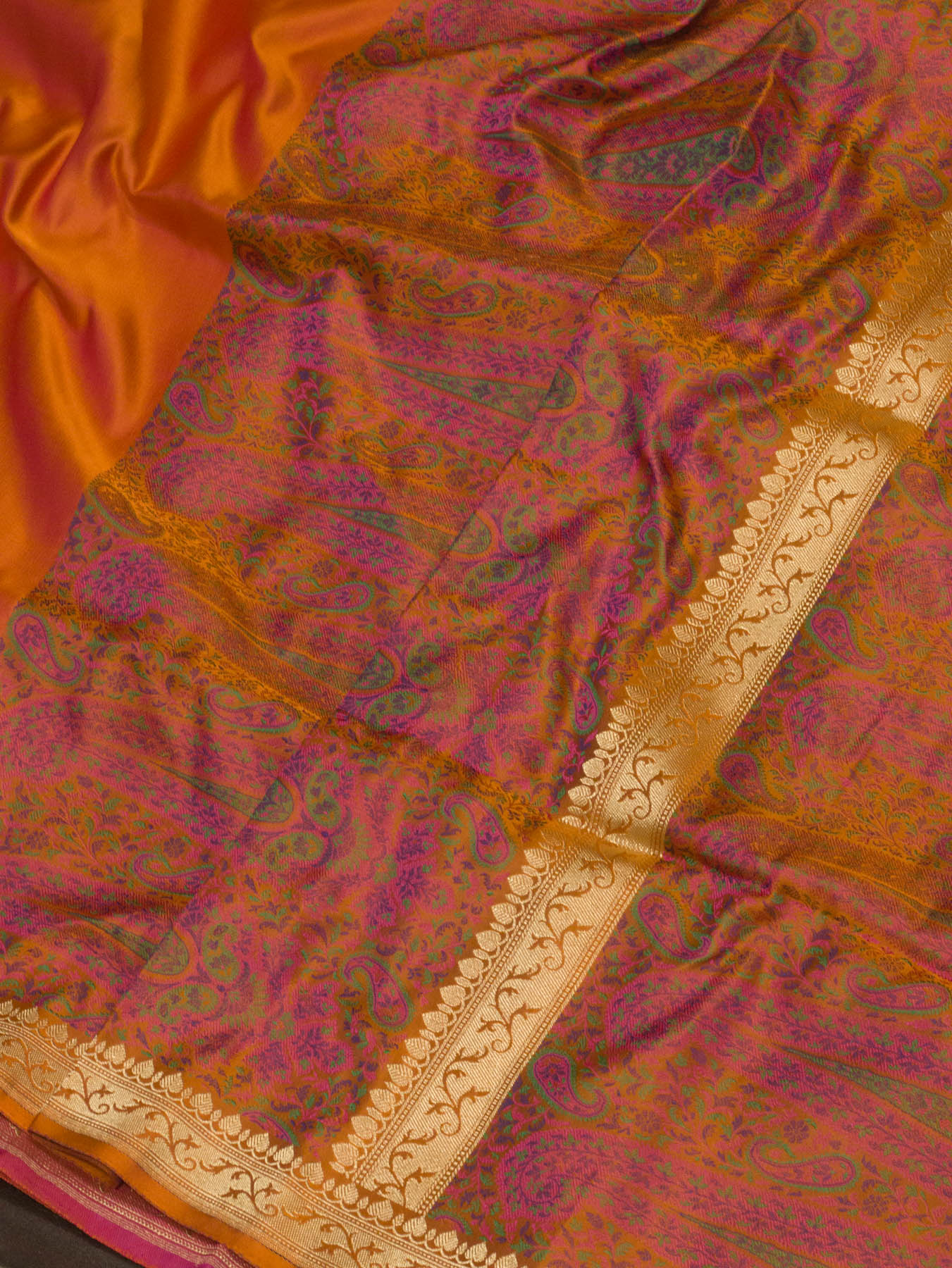Pure Satin Silk Orange Banarasi Plain Saree with Kadhwa Zari Border and Tilfi Jamawar Tanchui Pallu and Blouse - ZARISPIRE