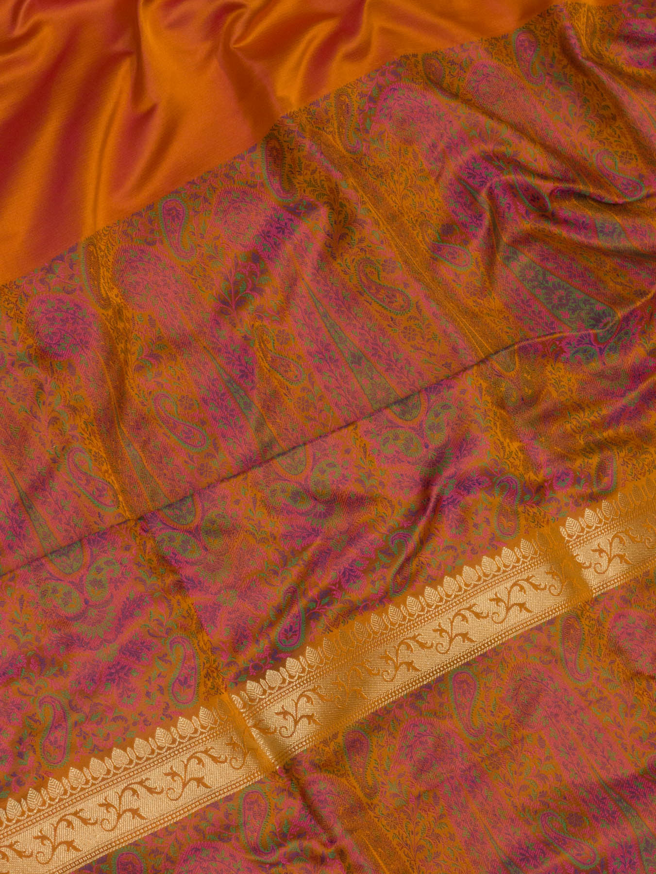 Dhoop Chaon Orange Rani Pure Satin Silk Handloom Plain Saree with Kadhwa Zari Border & Tilfi Jamawar Tanchui Pallu and Blouse