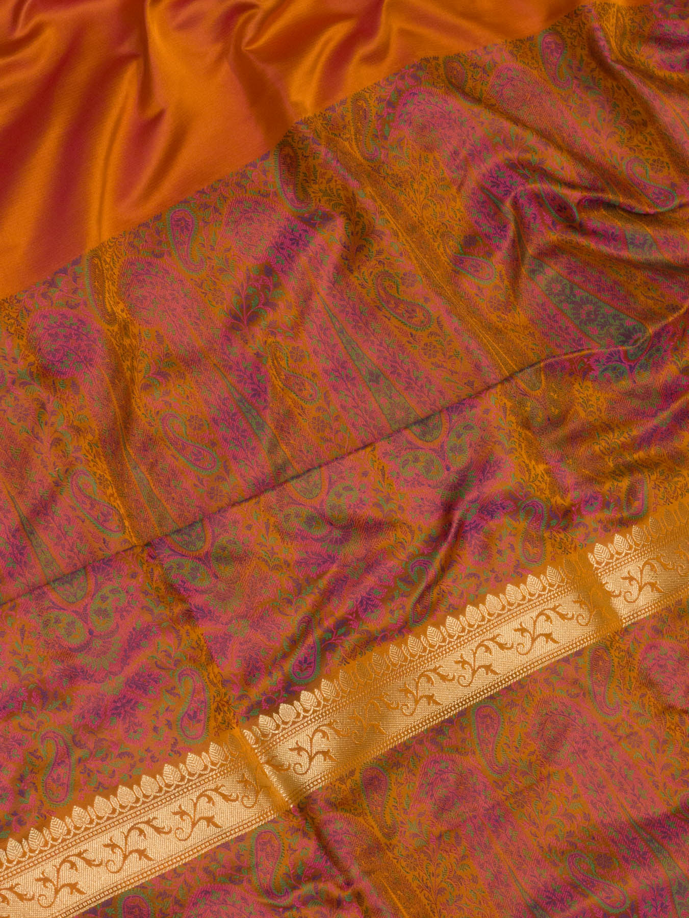 Pure Satin Silk Orange Banarasi Plain Saree with Kadhwa Zari Border and Tilfi Jamawar Tanchui Pallu and Blouse - ZARISPIRE