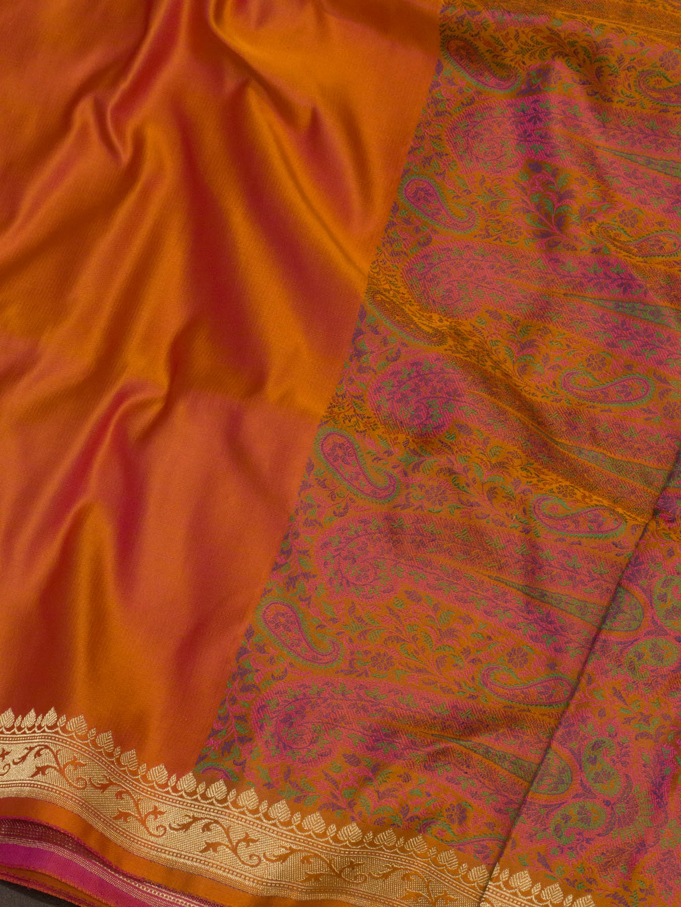 Dhoop Chaon Orange Rani Pure Satin Silk Handloom Plain Saree with Kadhwa Zari Border & Tilfi Jamawar Tanchui Pallu and Blouse