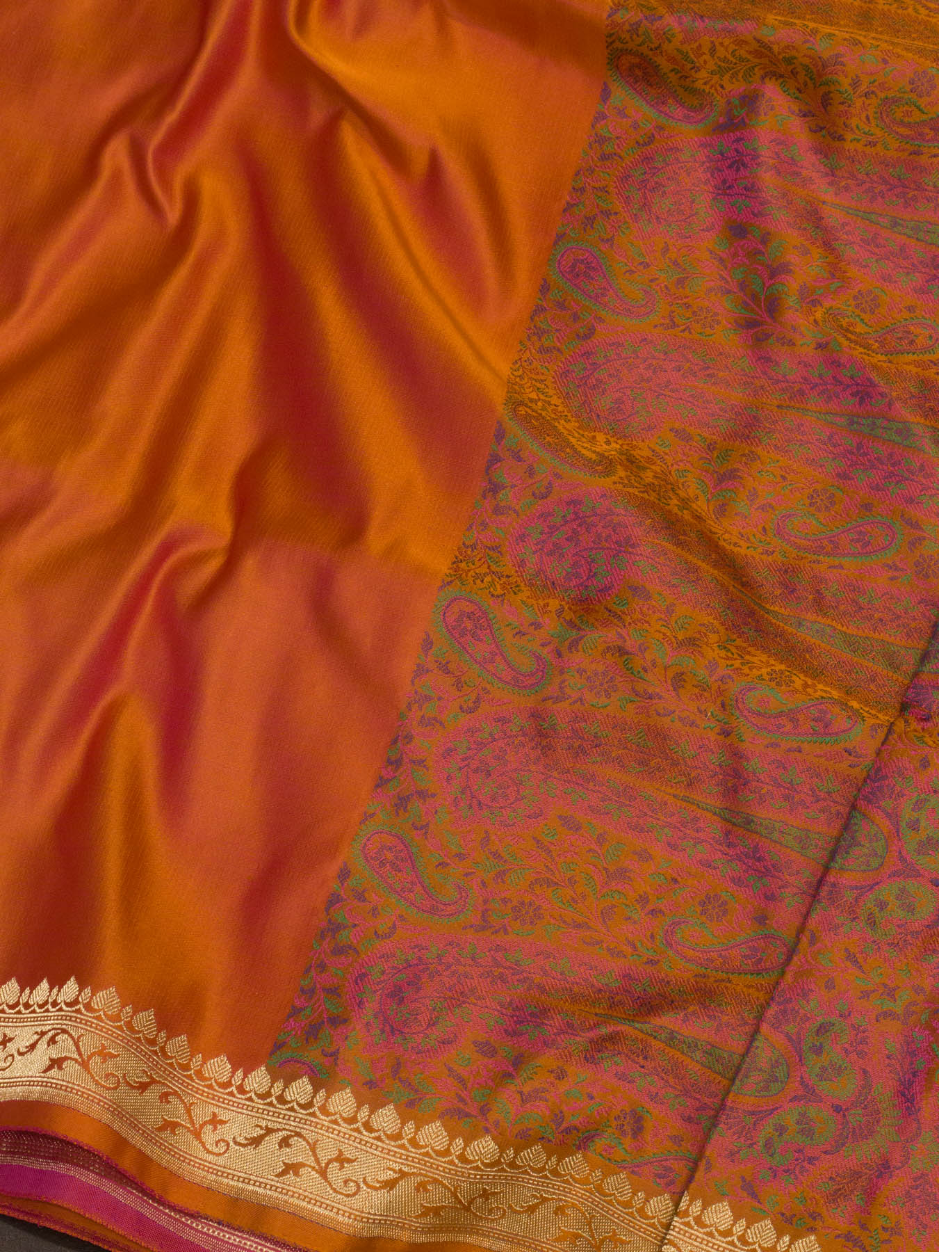 Pure Satin Silk Orange Banarasi Plain Saree with Kadhwa Zari Border and Tilfi Jamawar Tanchui Pallu and Blouse - ZARISPIRE