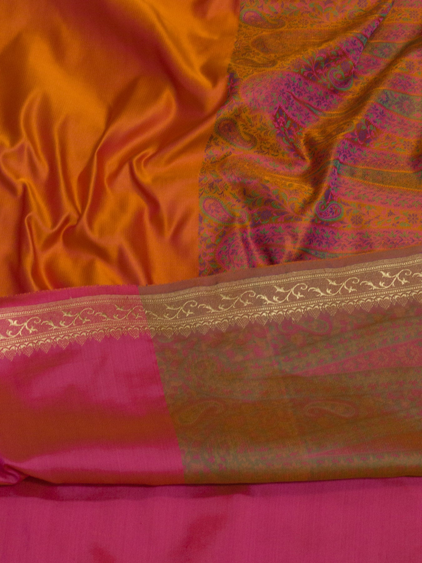 Dhoop Chaon Orange Rani Pure Satin Silk Handloom Plain Saree with Kadhwa Zari Border & Tilfi Jamawar Tanchui Pallu and Blouse