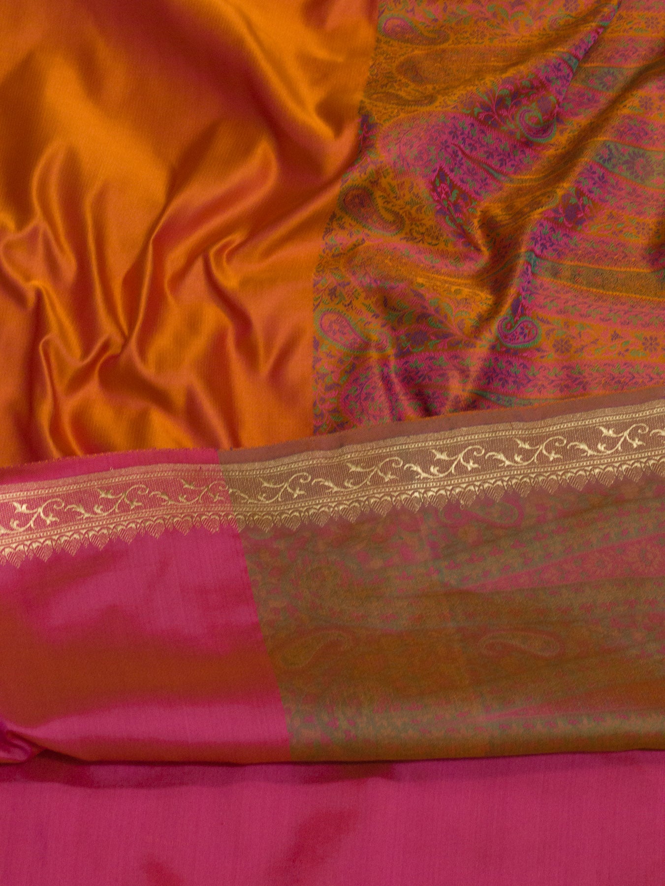 Pure Satin Silk Orange Banarasi Plain Saree with Kadhwa Zari Border and Tilfi Jamawar Tanchui Pallu and Blouse - ZARISPIRE
