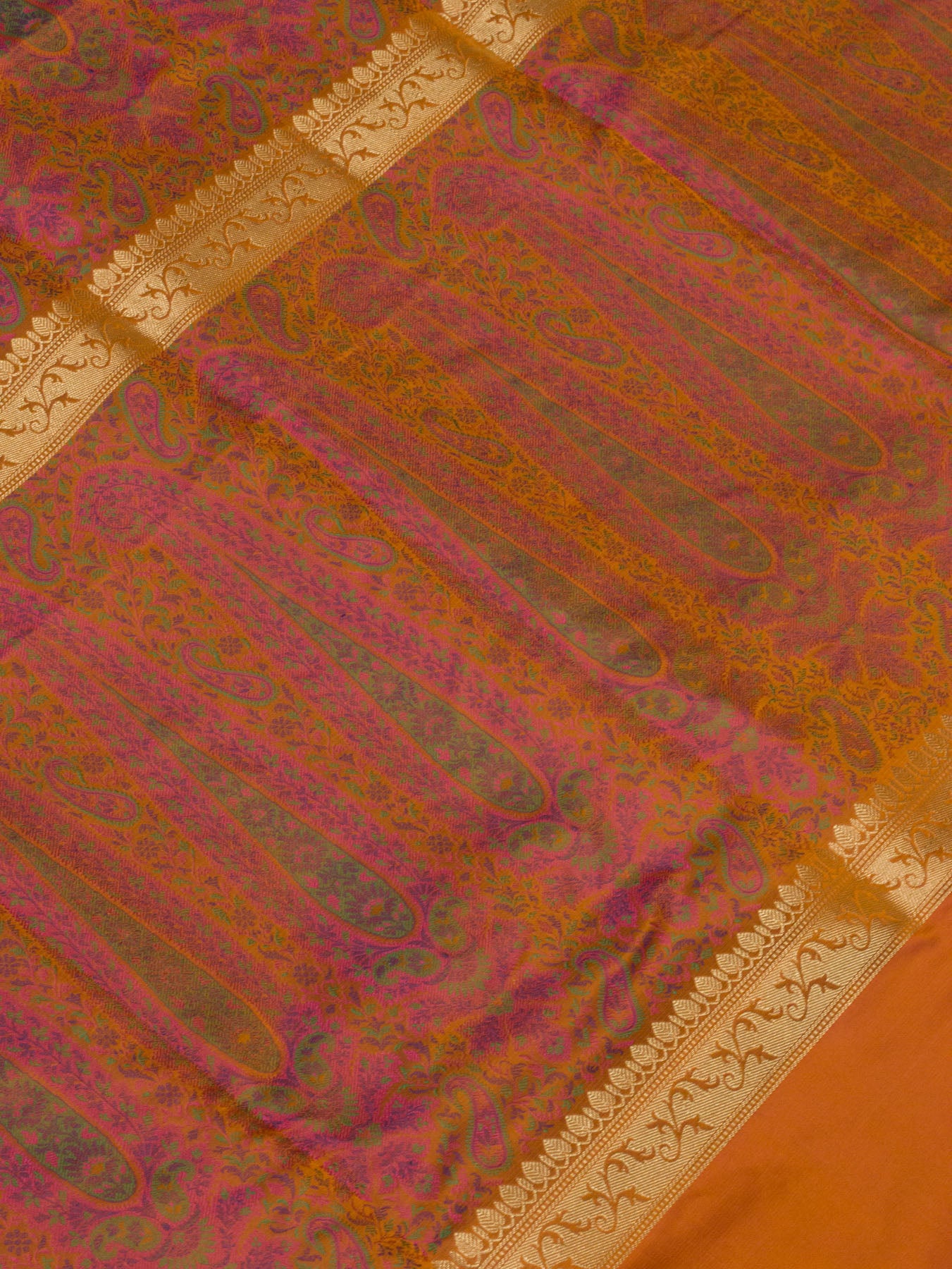 Dhoop Chaon Orange Rani Pure Satin Silk Handloom Plain Saree with Kadhwa Zari Border & Tilfi Jamawar Tanchui Pallu and Blouse