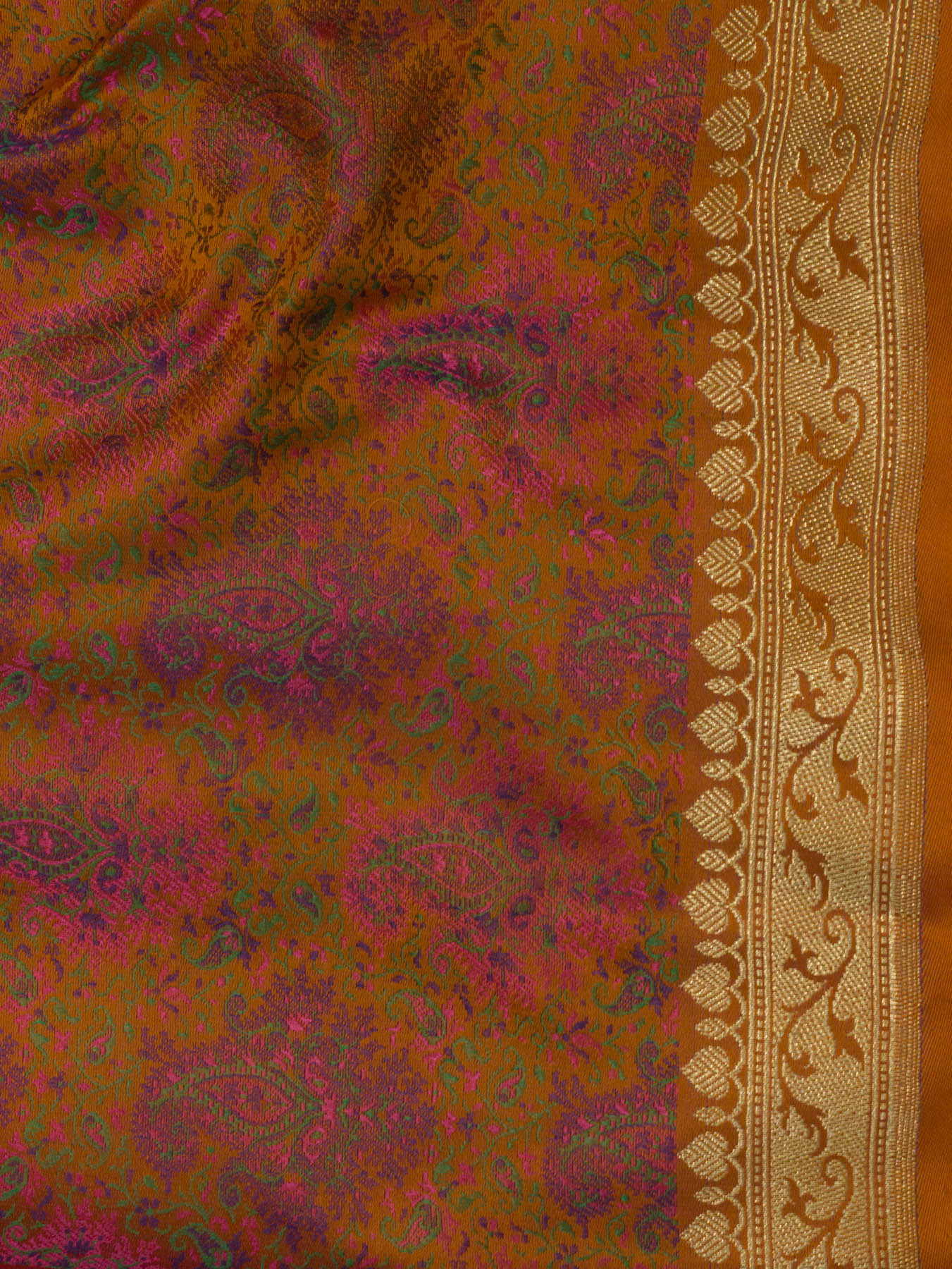 Dhoop Chaon Orange Rani Pure Satin Silk Handloom Plain Saree with Kadhwa Zari Border & Tilfi Jamawar Tanchui Pallu and Blouse