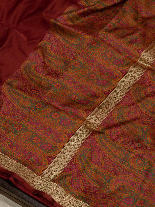 Deep Maroon Pure Satin Silk Handloom Plain Saree with Kadhwa Zari Border & Tilfi Jamawar Tanchui Pallu and Blouse