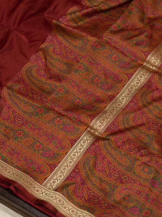 Deep Maroon Pure Satin Silk Handloom Plain Saree with Kadhwa Zari Border & Tilfi Jamawar Tanchui Pallu and Blouse