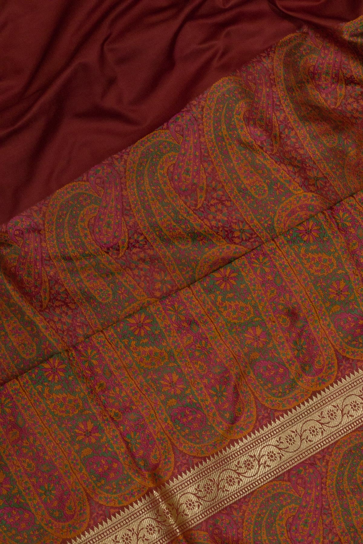 Deep Maroon Pure Satin Silk Handloom Plain Saree with Kadhwa Zari Border & Tilfi Jamawar Tanchui Pallu and Blouse