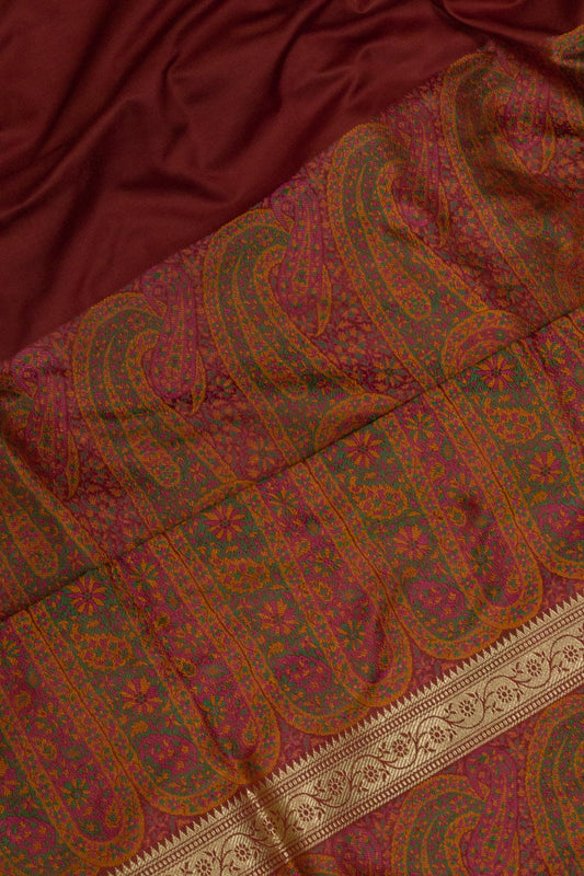 Deep Maroon Pure Satin Silk Handloom Plain Saree with Kadhwa Zari Border & Tilfi Jamawar Tanchui Pallu and Blouse