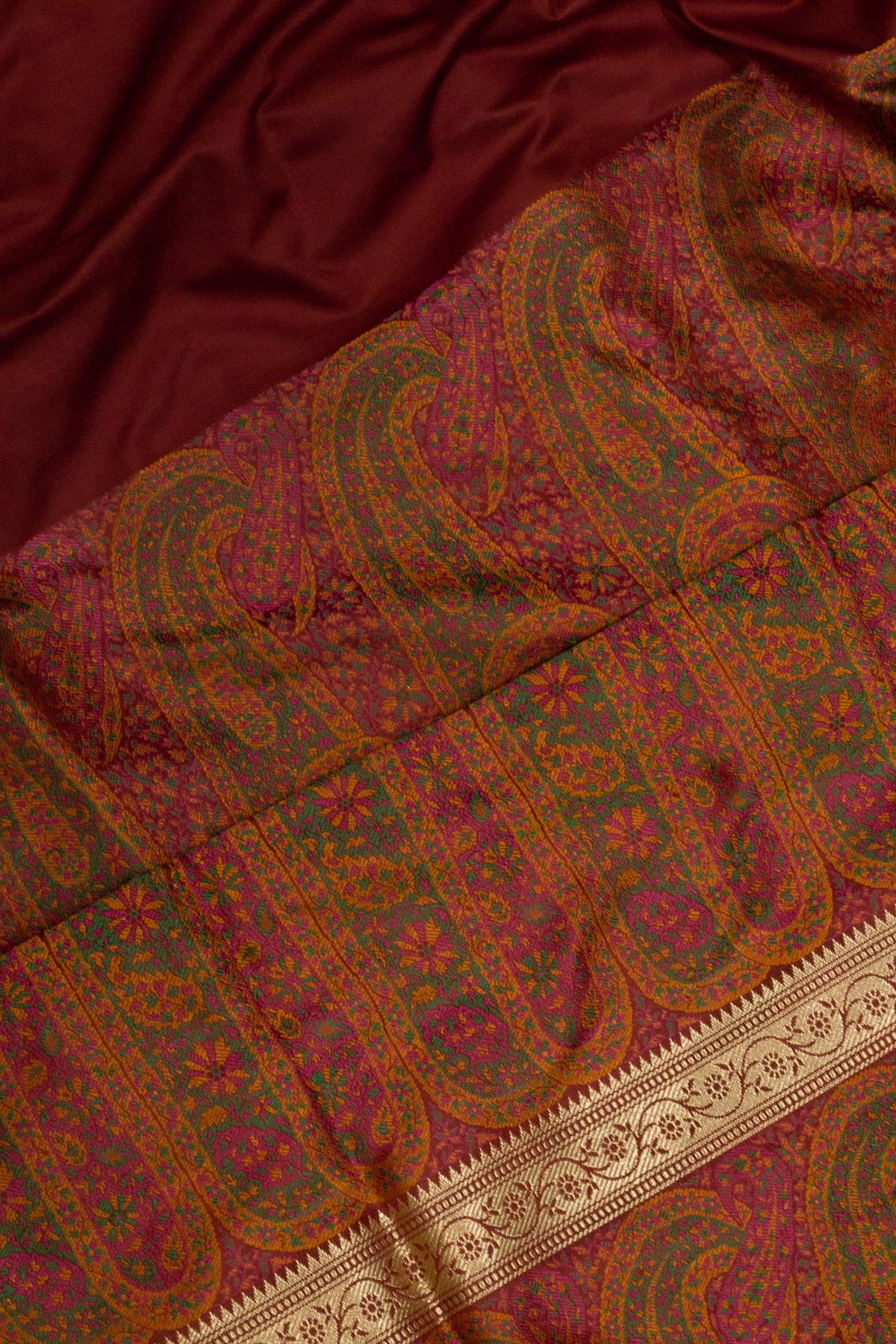 Pure Satin Silk Maroon Banarasi Plain Saree with Kadhwa Zari Border and Tilfi Jamawar Tanchui Pallu and Blouse - ZARISPIRE