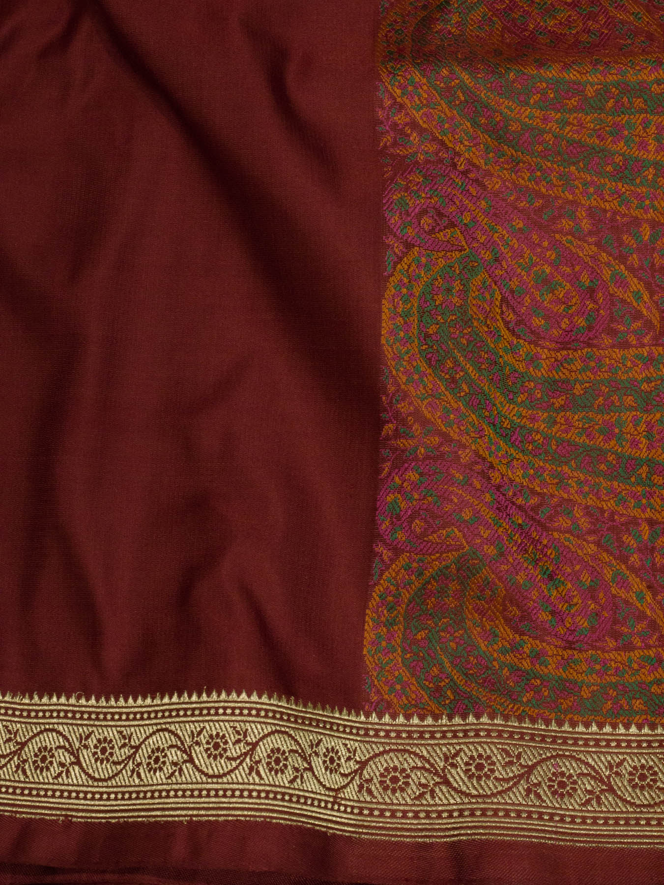 Deep Maroon Pure Satin Silk Handloom Plain Saree with Kadhwa Zari Border & Tilfi Jamawar Tanchui Pallu and Blouse