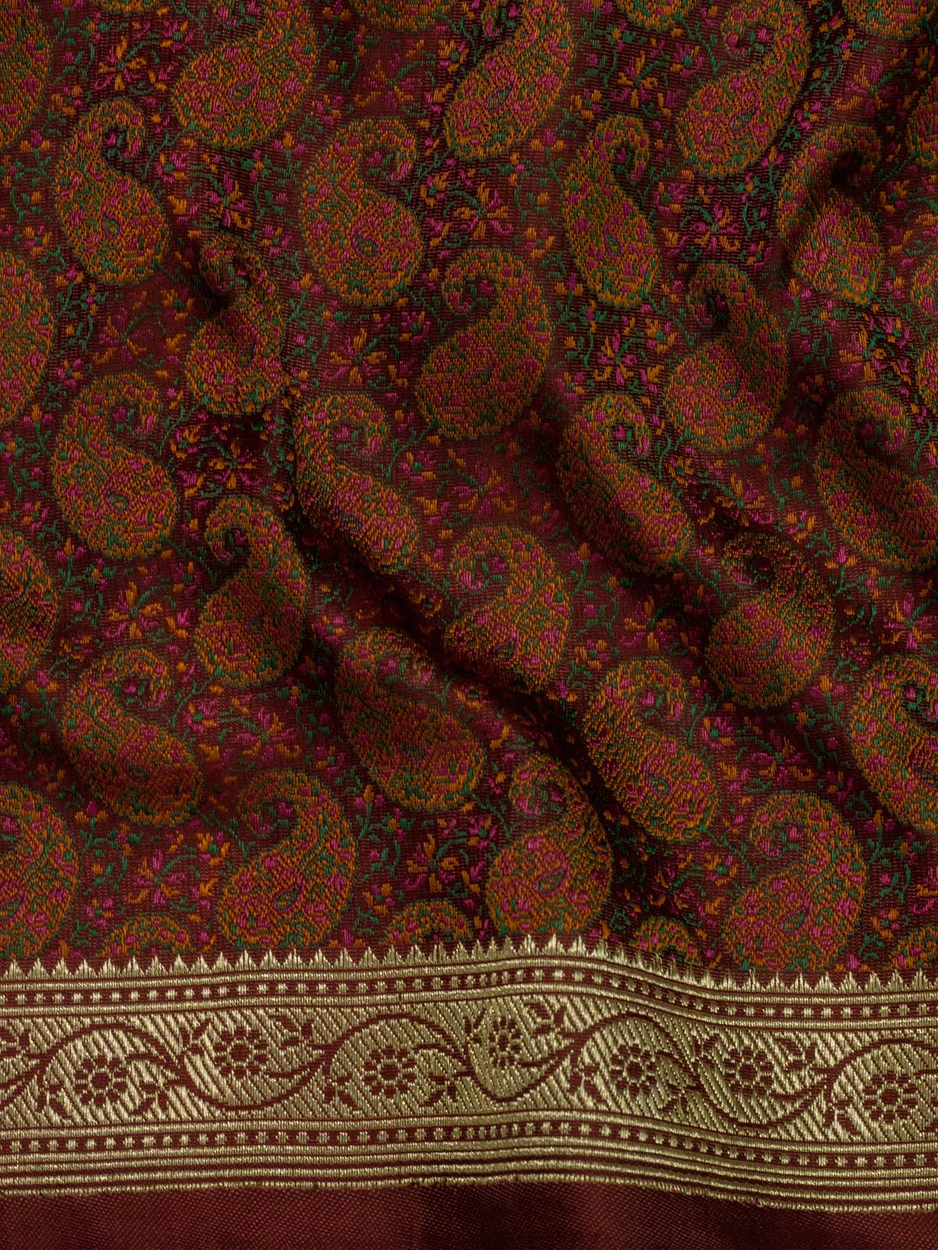 Deep Maroon Pure Satin Silk Handloom Plain Saree with Kadhwa Zari Border & Tilfi Jamawar Tanchui Pallu and Blouse