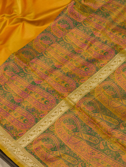 Dhoop Chaon Yellow Rani Pure Satin Silk Handloom Plain Saree with Kadhwa Zari Border & Tilfi Jamawar Tanchui Pallu and Blouse