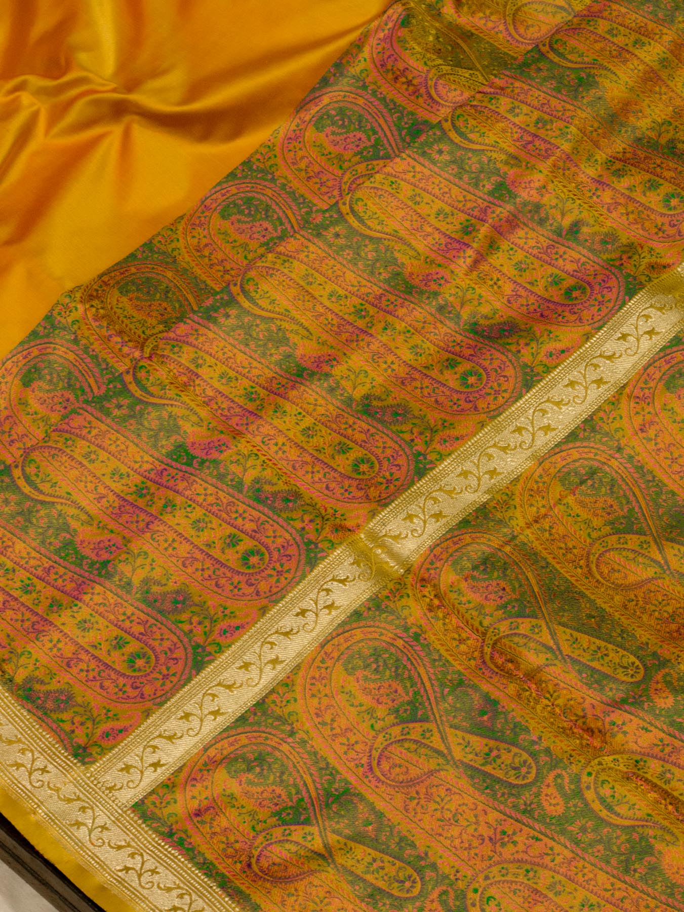 Pure Satin Silk Yellow Banarasi Plain Saree with Kadhwa Zari Border and Tilfi Jamawar Tanchui Pallu and Blouse - ZARISPIRE