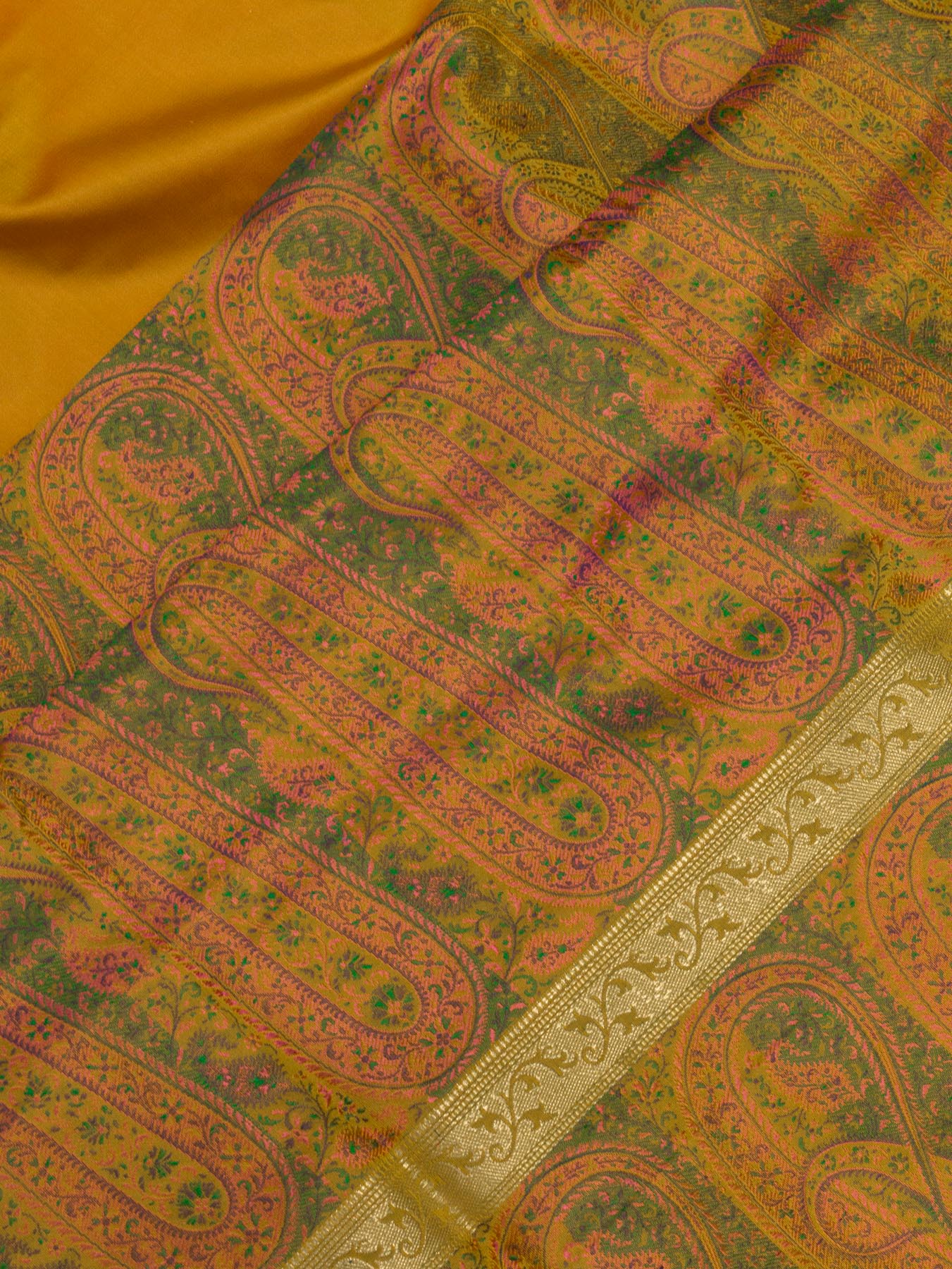 Dhoop Chaon Yellow Rani Pure Satin Silk Handloom Plain Saree with Kadhwa Zari Border & Tilfi Jamawar Tanchui Pallu and Blouse