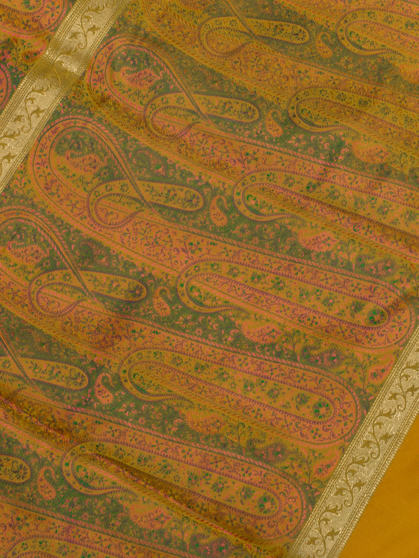 Dhoop Chaon Yellow Rani Pure Satin Silk Handloom Plain Saree with Kadhwa Zari Border & Tilfi Jamawar Tanchui Pallu and Blouse