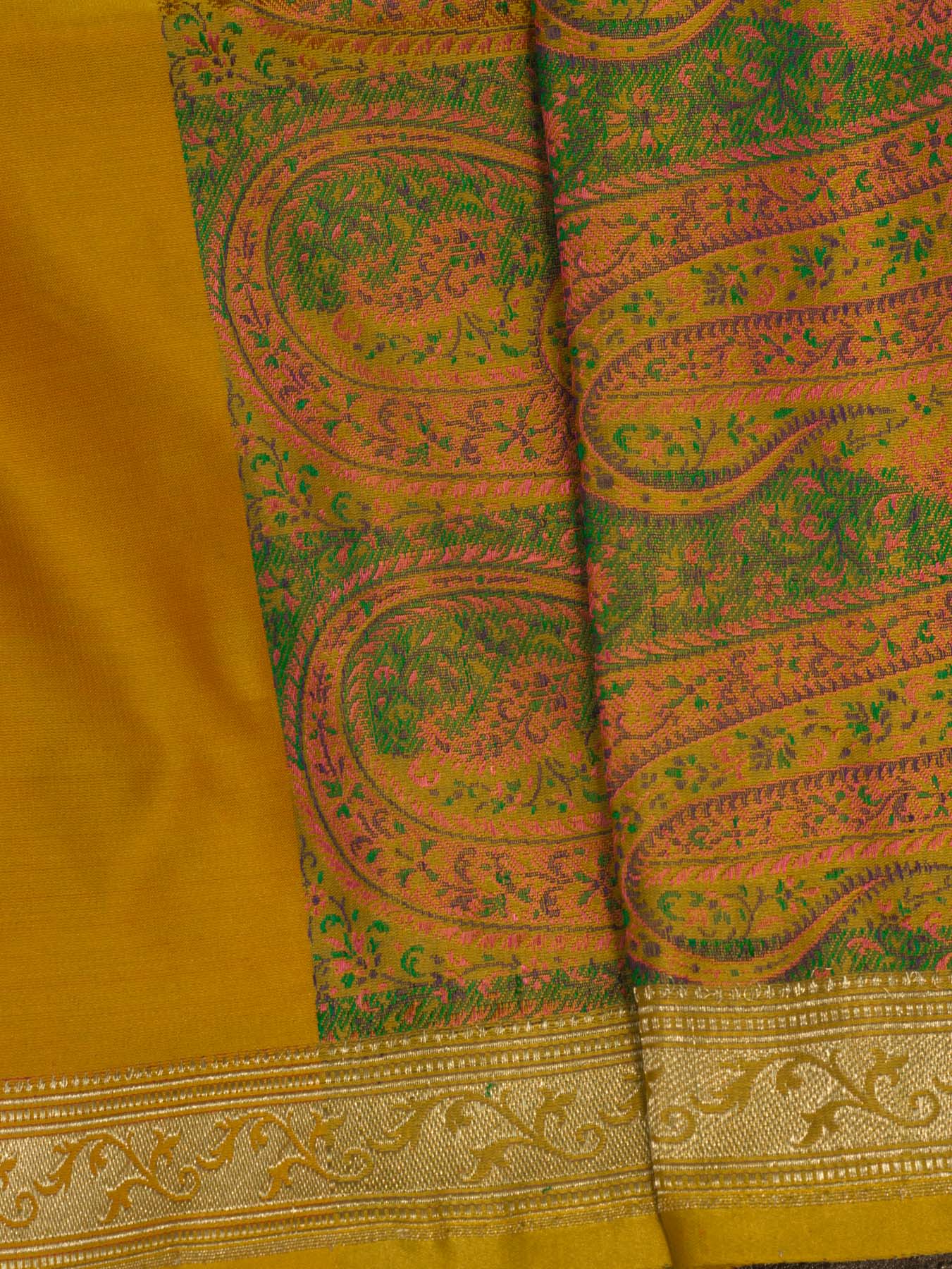 Dhoop Chaon Yellow Rani Pure Satin Silk Handloom Plain Saree with Kadhwa Zari Border & Tilfi Jamawar Tanchui Pallu and Blouse