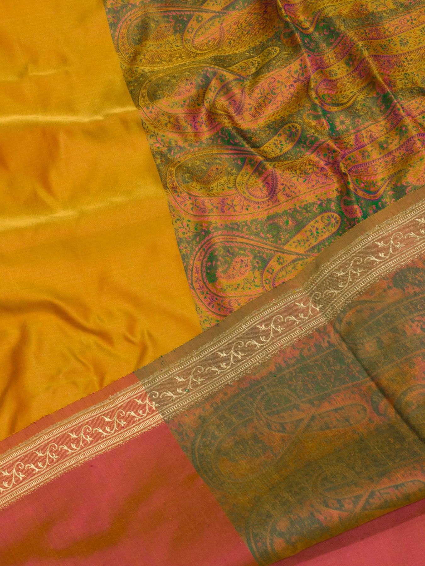 Dhoop Chaon Yellow Rani Pure Satin Silk Handloom Plain Saree with Kadhwa Zari Border & Tilfi Jamawar Tanchui Pallu and Blouse