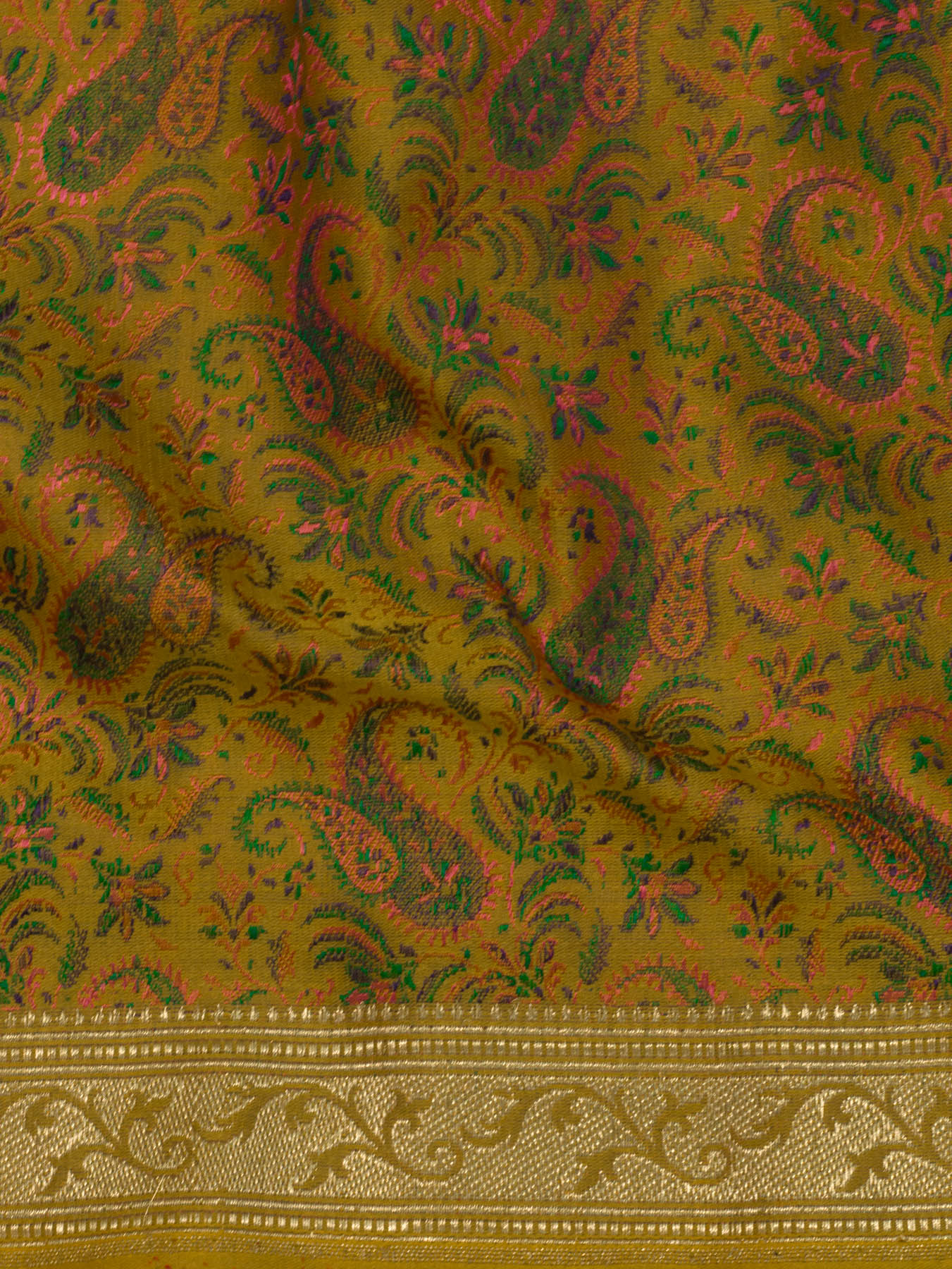 Dhoop Chaon Yellow Rani Pure Satin Silk Handloom Plain Saree with Kadhwa Zari Border & Tilfi Jamawar Tanchui Pallu and Blouse