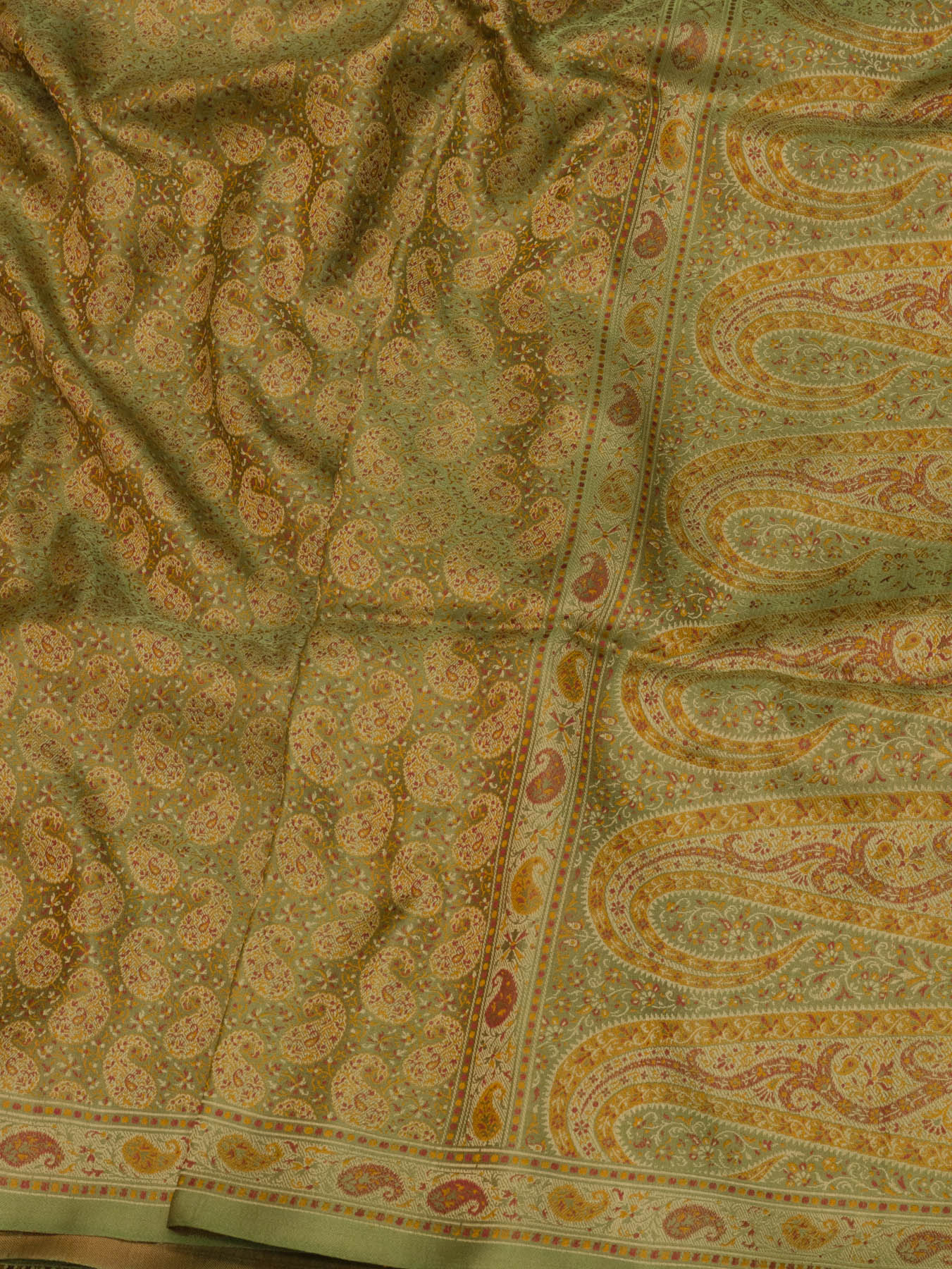 Pista Green Pure Satin Silk Handloom Saree with Allover Tilfi Jamawar Tanchui Weaving