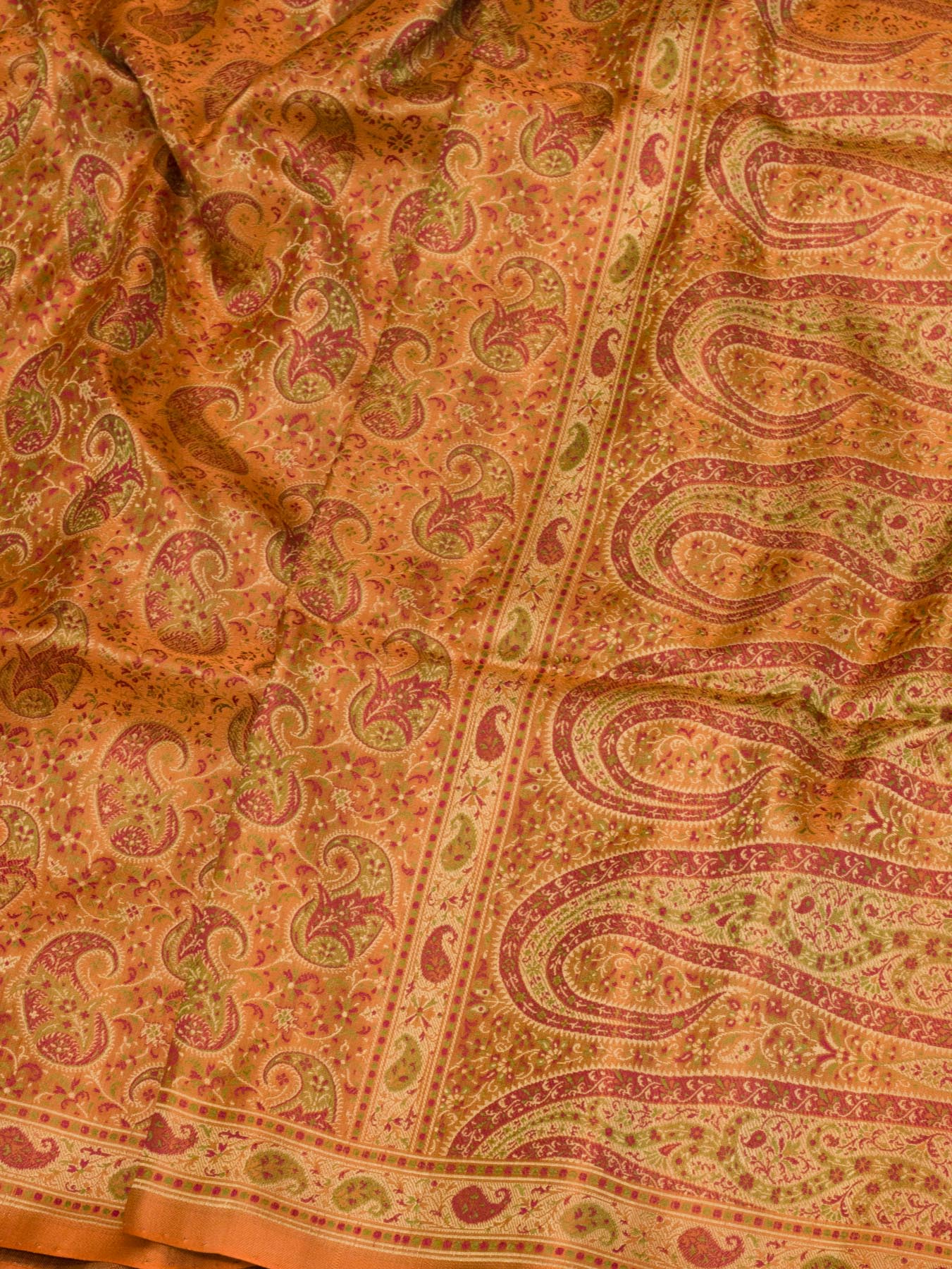Pure Satin Silk Peach Orange Banarasi Handloom Saree with Allover Tilfi Jamawar Tanchui Weaving - close-up - ZARISPIRE