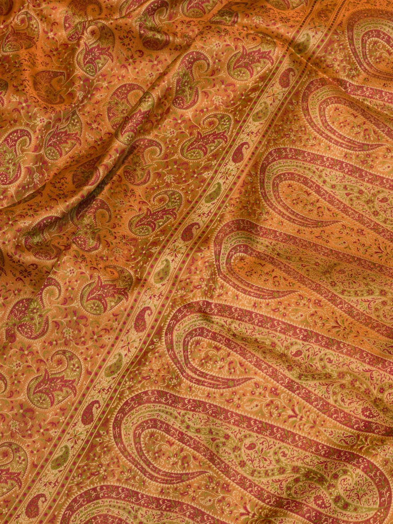 Pure Satin Silk Peach Orange Banarasi Handloom Saree with Allover Tilfi Jamawar Tanchui Weaving - fabric weave - ZARISPIRE