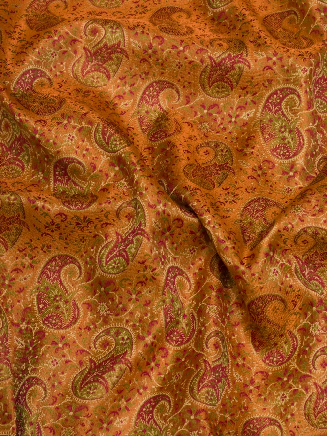 Pure Satin Silk Peach Orange Banarasi Handloom Saree with Allover Tilfi Jamawar Tanchui Weaving - close-up detail - ZARISPIRE