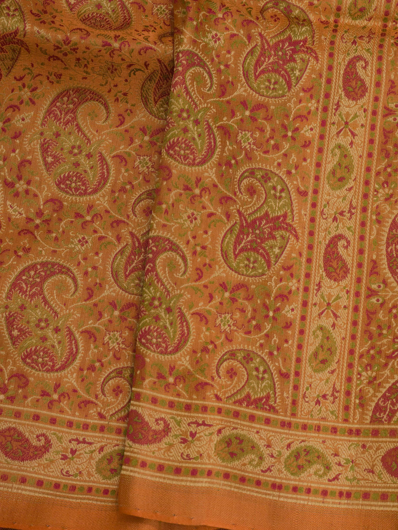 Peach Orange Satin Silk Handloom Saree with Allover Tilfi Jamawar Tanchui Weaving
