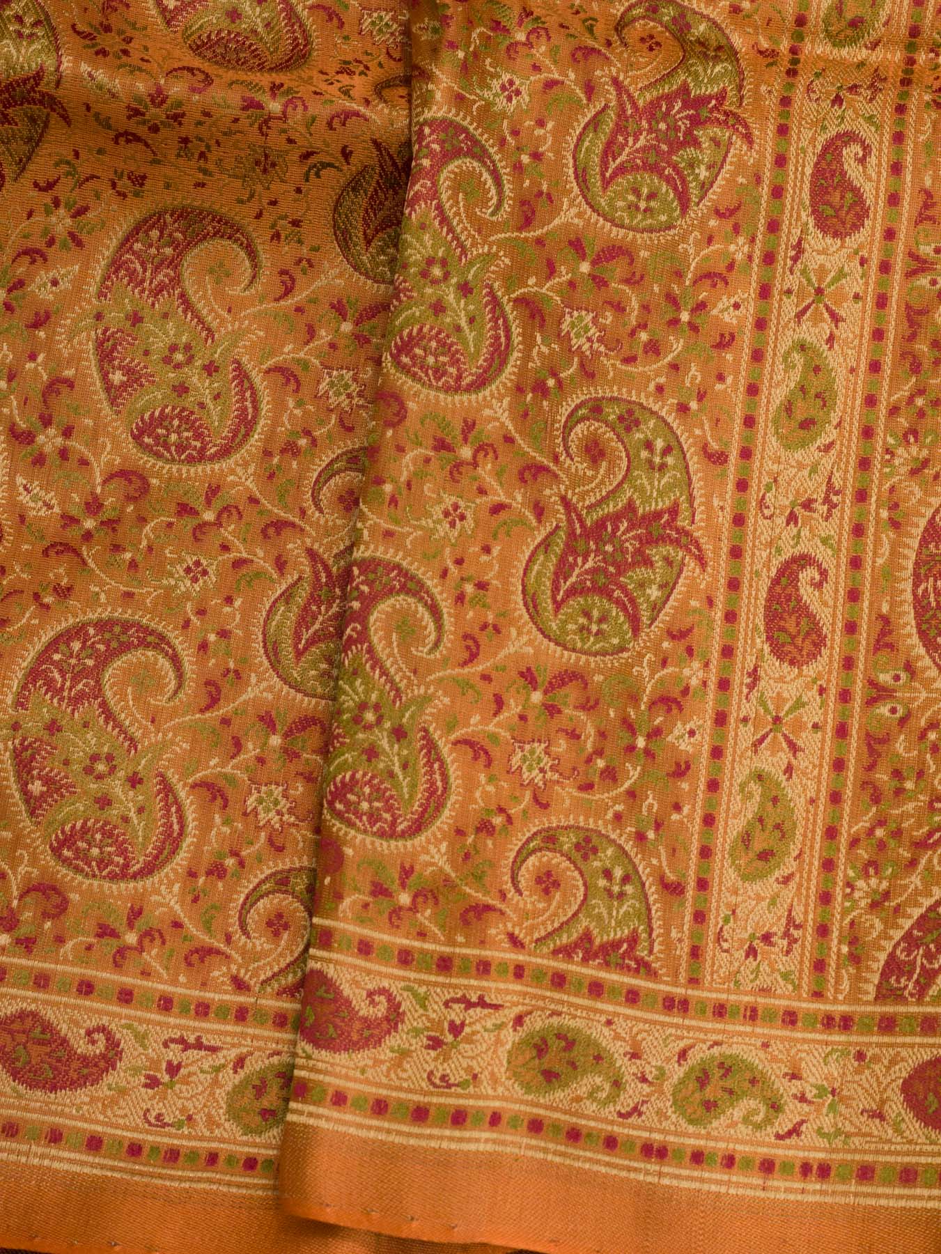 Pure Satin Silk Peach Orange Banarasi Handloom Saree with Allover Tilfi Jamawar Tanchui Weaving - close-up - ZARISPIRE
