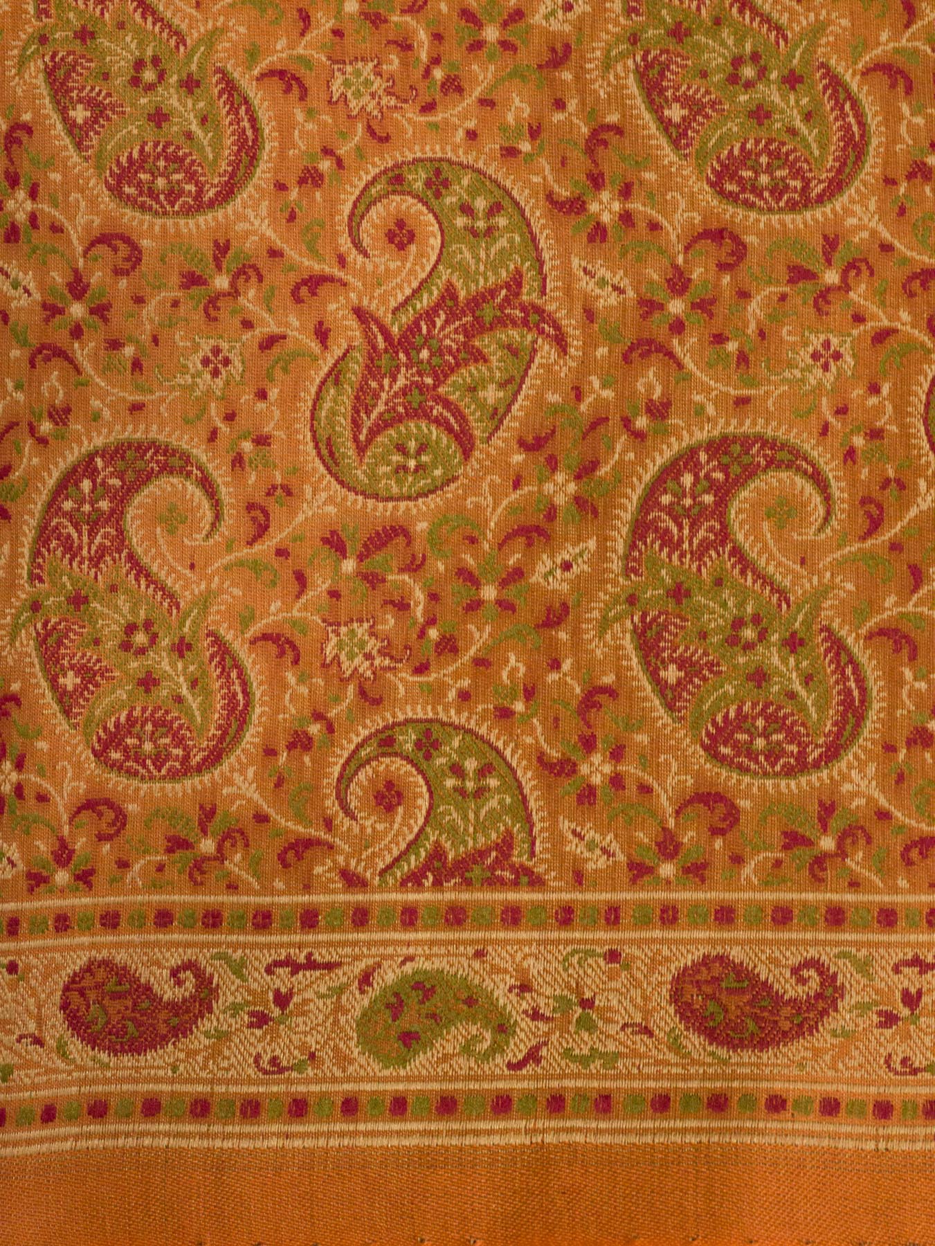 Pure Satin Silk Peach Orange Banarasi Handloom Saree with Allover Tilfi Jamawar Tanchui Weaving - close-up - ZARISPIRE