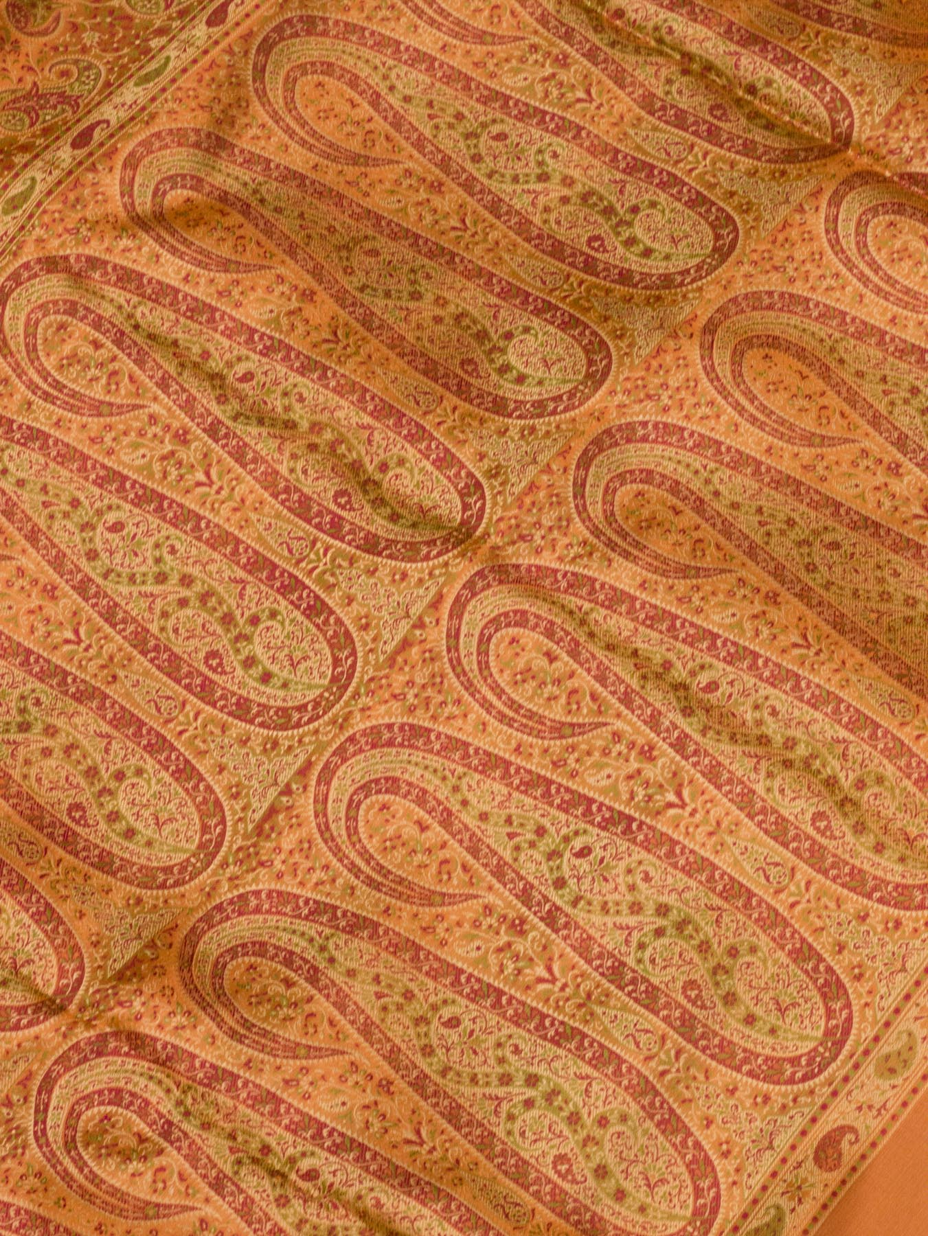 Pure Satin Silk Peach Orange Banarasi Handloom Saree with Allover Tilfi Jamawar Tanchui Weaving - fabric weave - ZARISPIRE
