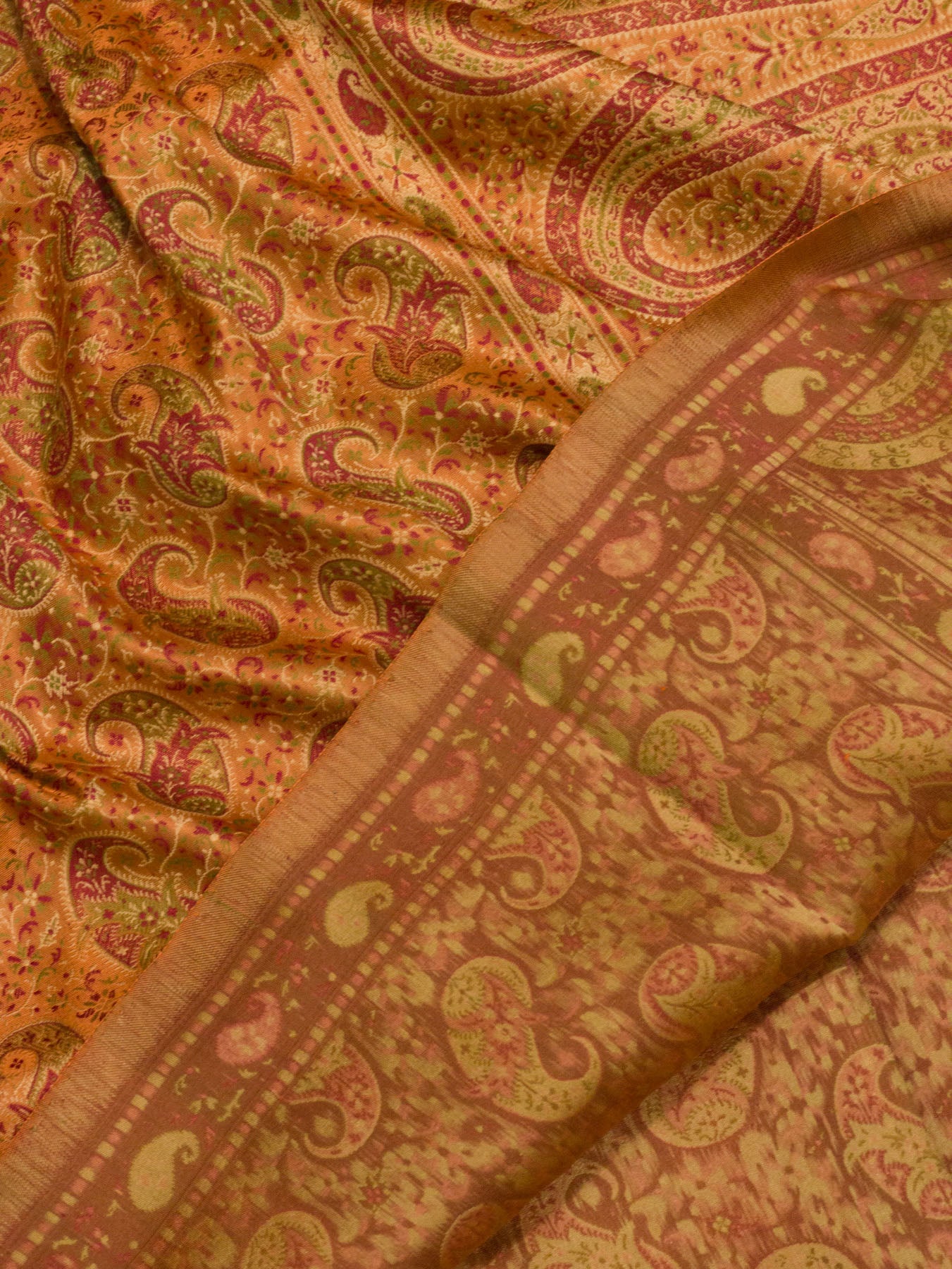 Pure Satin Silk Peach Orange Banarasi Handloom Saree with Allover Tilfi Jamawar Tanchui Weaving - close-up - ZARISPIRE