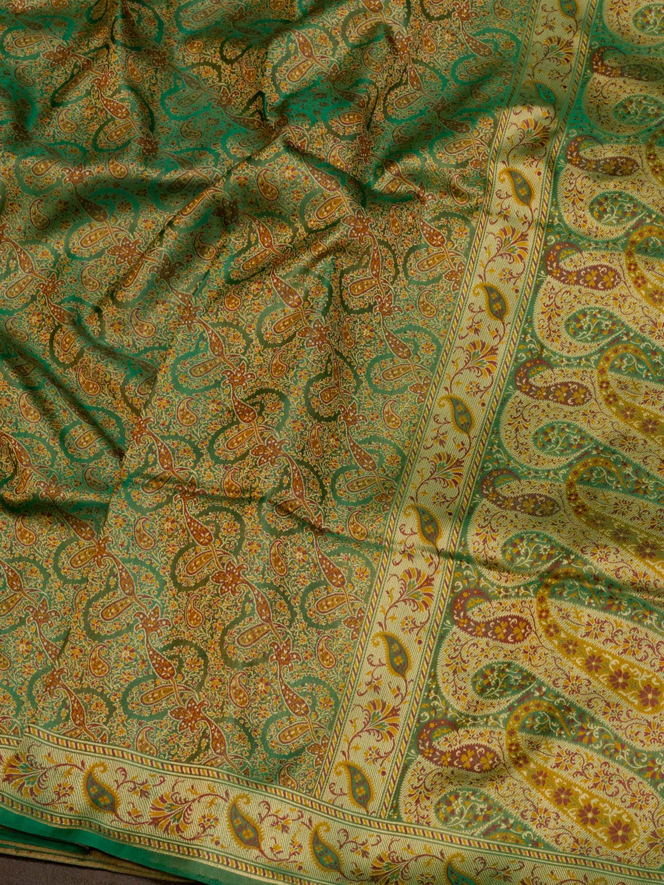 Pure Satin Silk Green Banarasi Handloom Saree with Allover Tilfi Jamawar Tanchui Weaving - close-up - ZARISPIRE