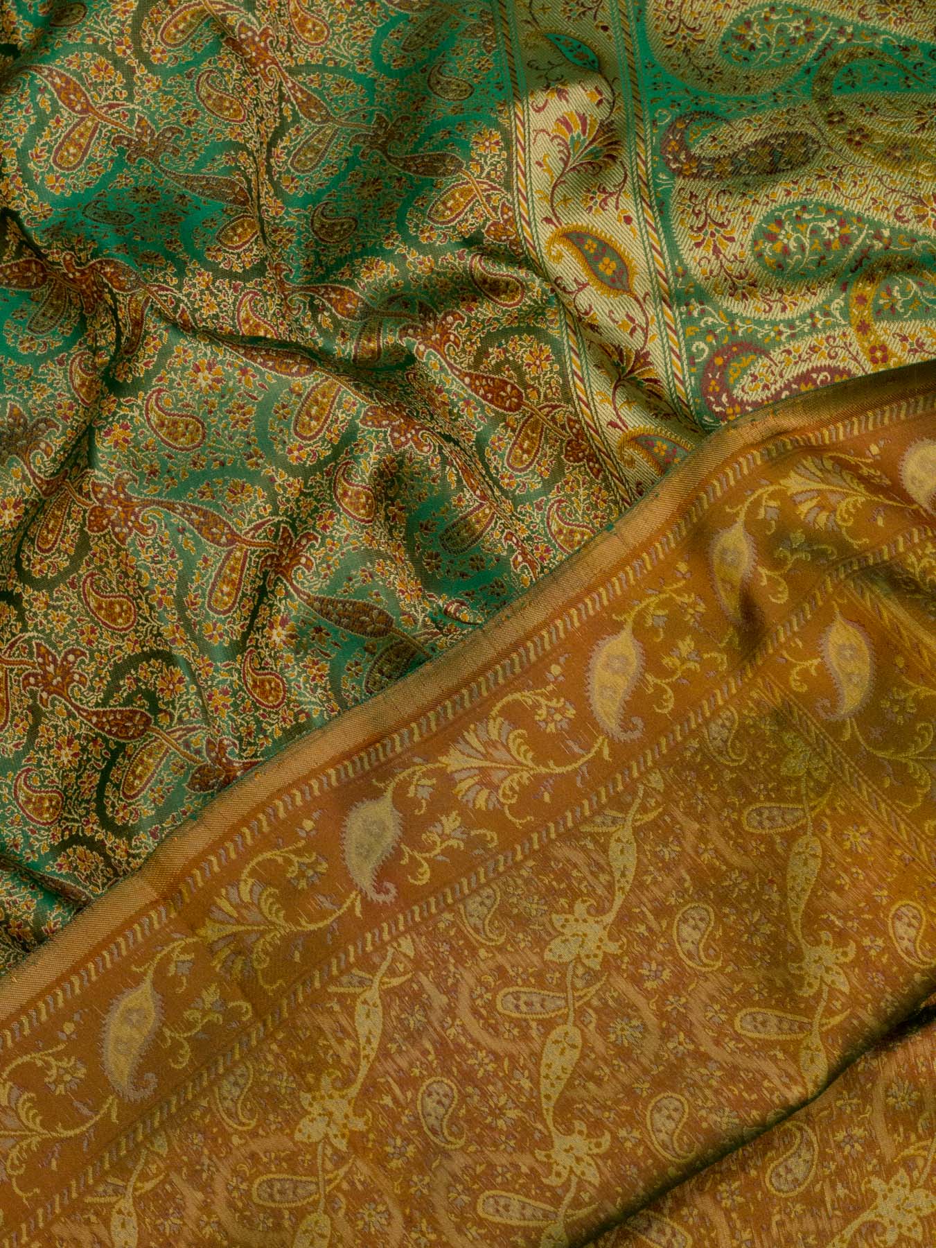 Pure Satin Silk Green Banarasi Handloom Saree with Allover Tilfi Jamawar Tanchui Weaving - close-up - ZARISPIRE