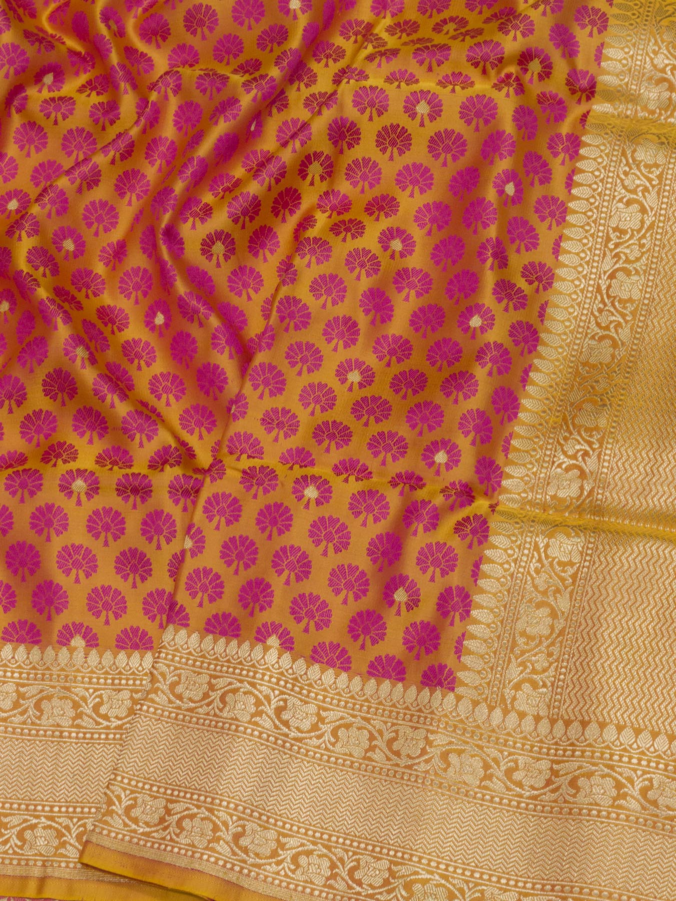 Yellow Pure Satin Silk Handloom Saree with Allover Alfi Jamawar Tanchui & Zari Buti Accents