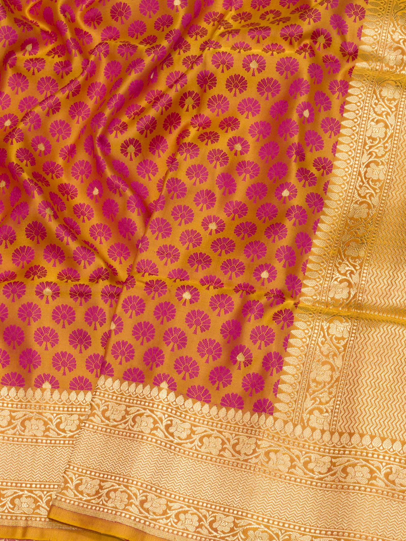 Pure Satin Silk Yellow Banarasi Allover Alfi Jamawar Tanchui & Zari Buti Accents - close-up - ZARISPIRE